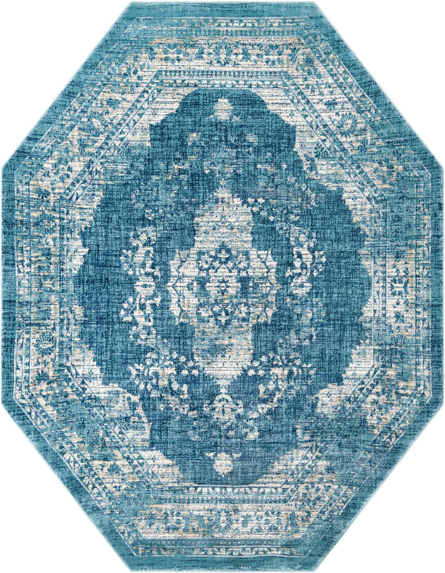 An octagon-shaped Dahlia Collection rug from Rugs.com, featuring a distressed traditional medallion pattern in shades of blue and cream.