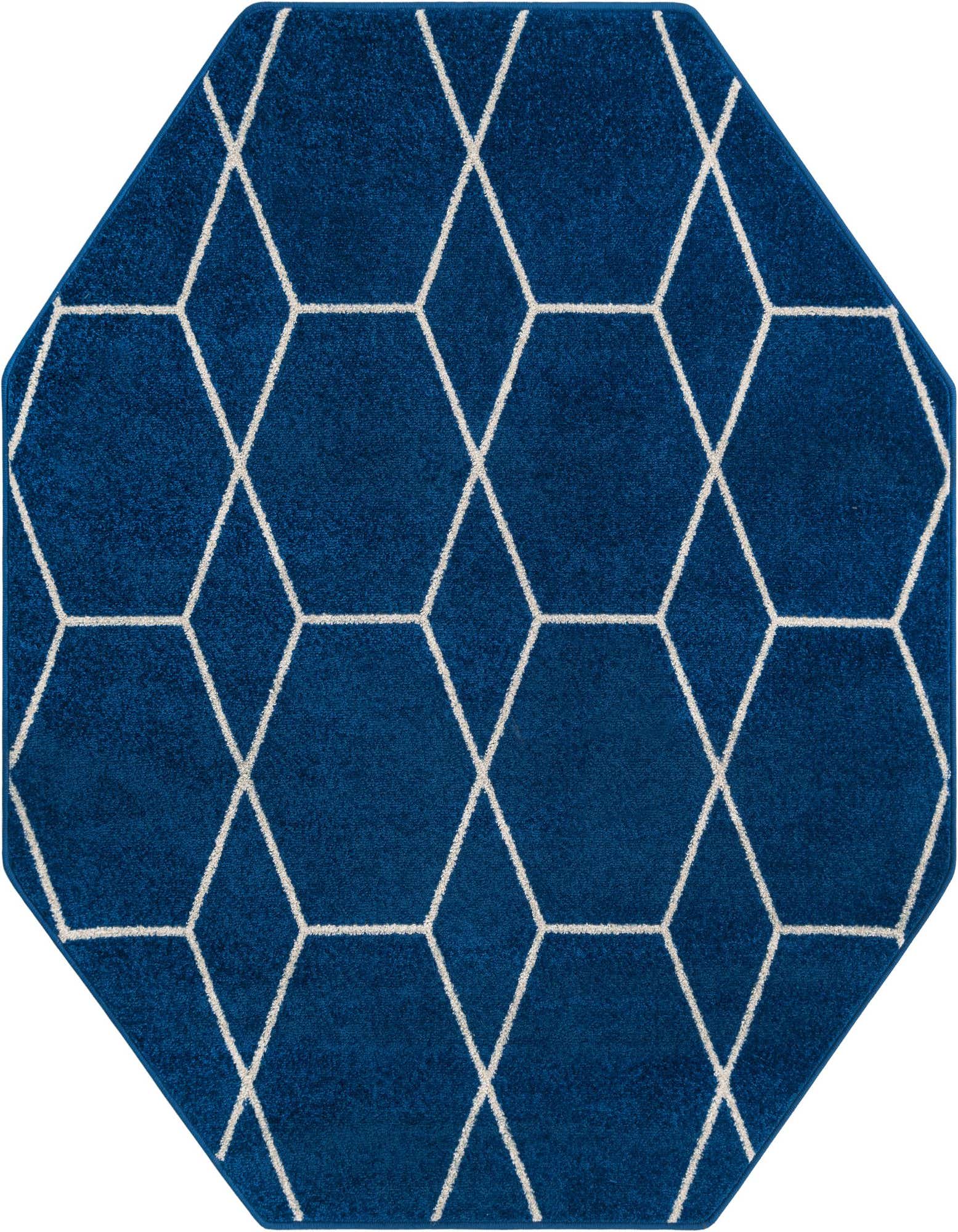 A 5' 3 x 5' 3 octagon navy blue rug with a white modern trellis pattern, suitable for indoor spaces.