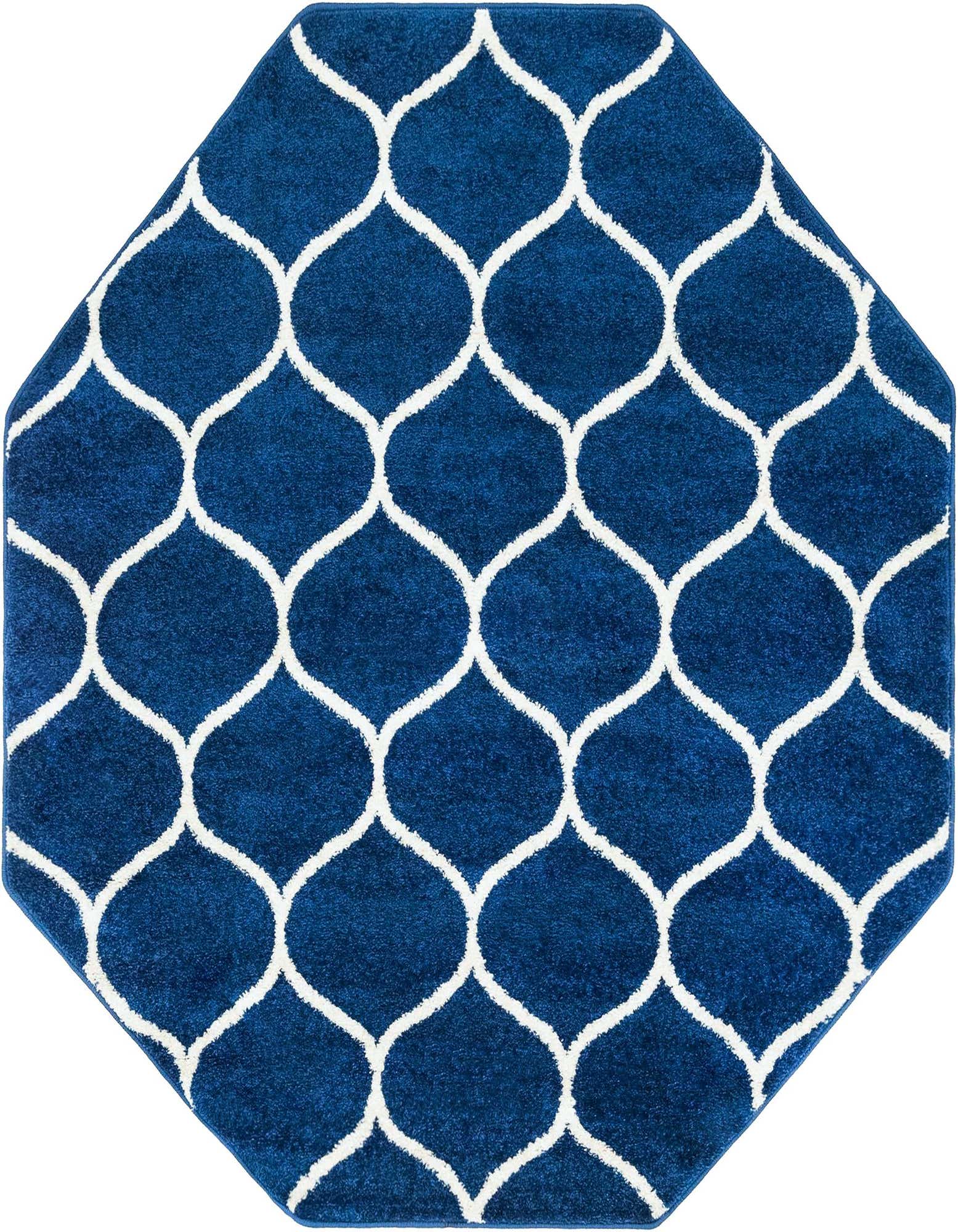 A 7' 10 x 7' 10 octagon rug from Rugs.com Lattice Frieze collection, featuring a bold navy blue background with a crisp white modern trellis pattern.