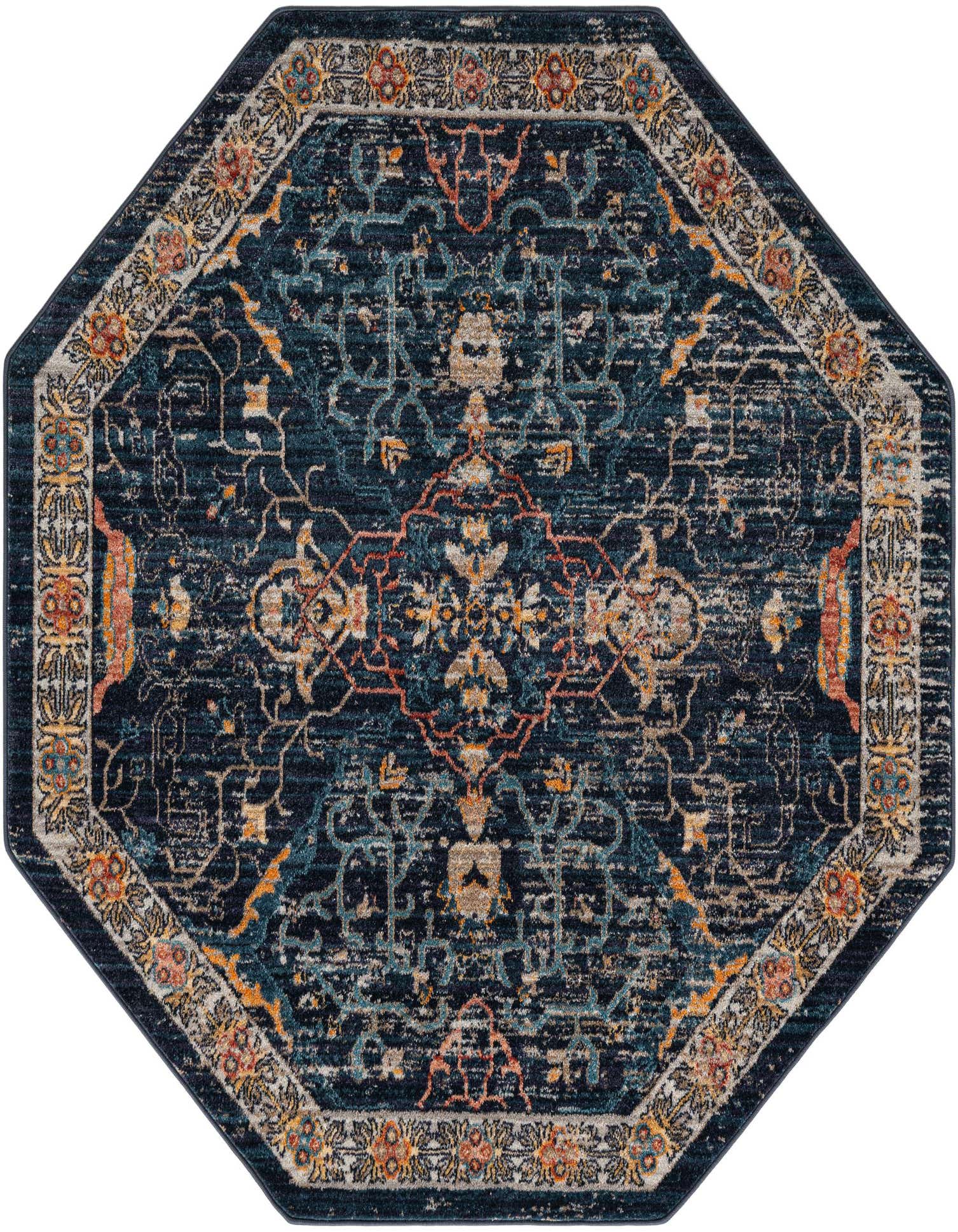A 5' 0 x 5' 0 octagon rug with a distressed navy blue and light blue traditional medallion pattern, bordered by tribal motifs in orange, cream, and gold.