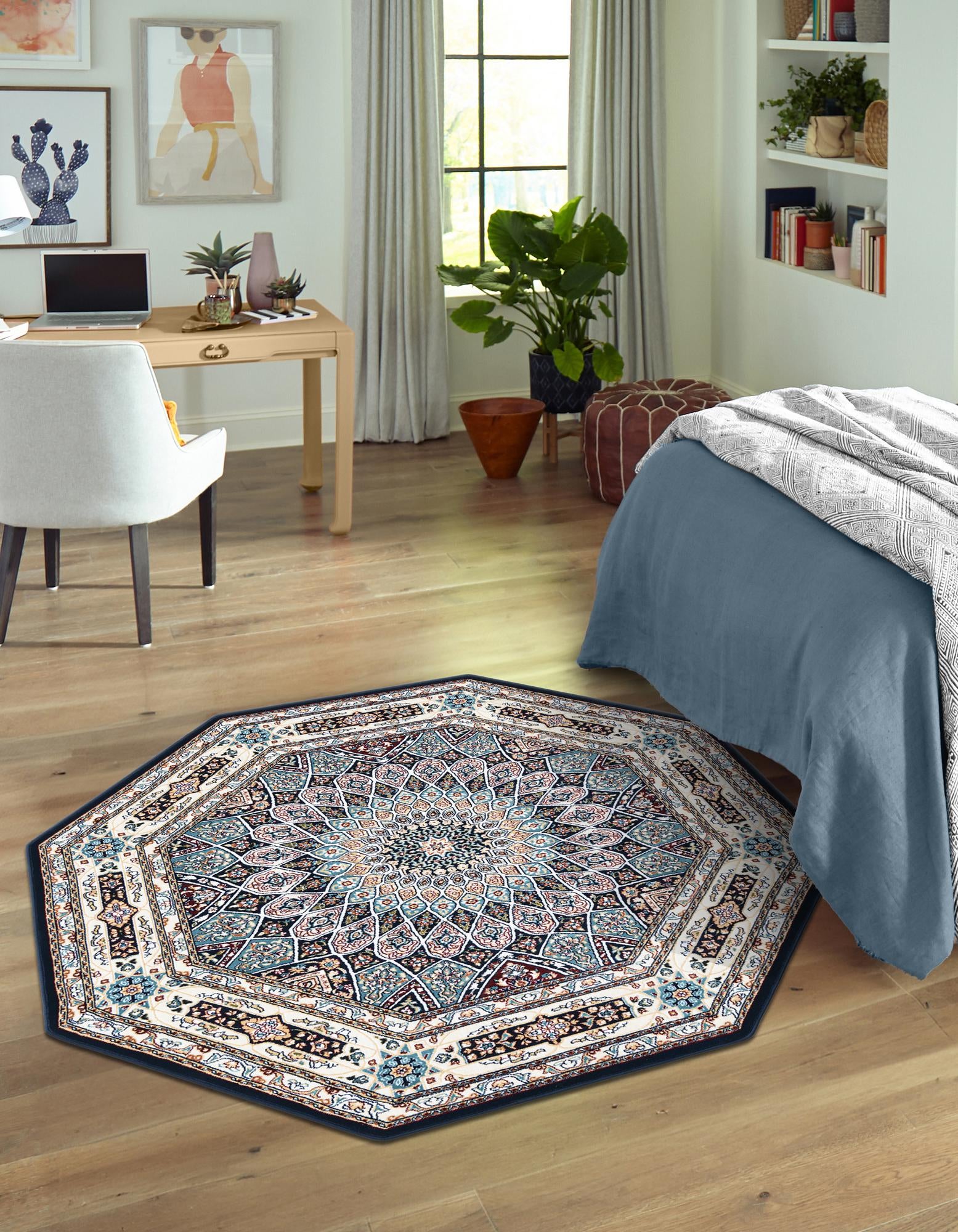 Navy Blue 6' x 6' Nain Design Octagon Rug | Rugs.com