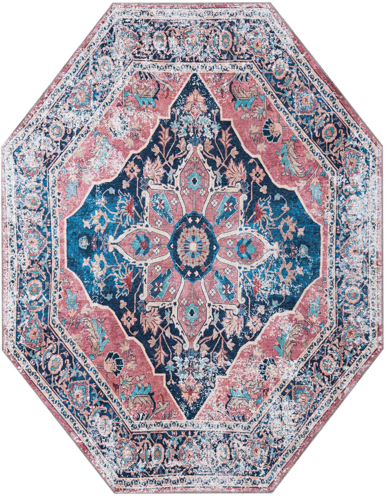 Octagon rug featuring a distressed traditional medallion pattern in shades of navy blue, light blue, and muted pink.