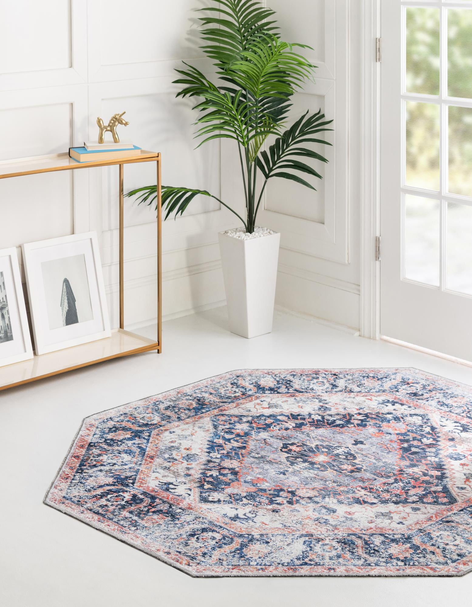 Navy Blue 5' x 5' Washable Glendale Yara Octagon Rug | Rugs.com