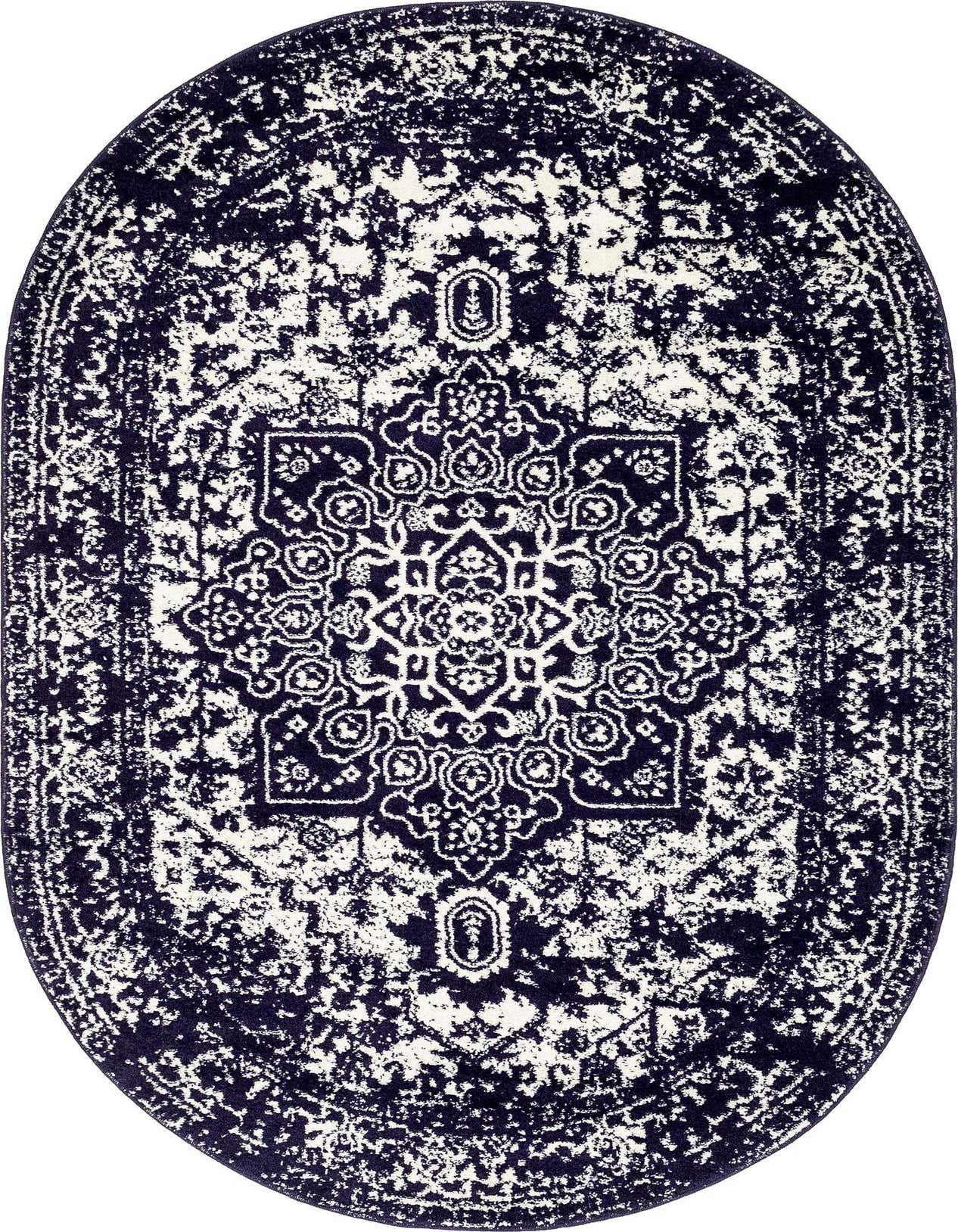 An oval 5' 3 x 8' 0 navy blue and white rug with a distressed traditional medallion pattern.
