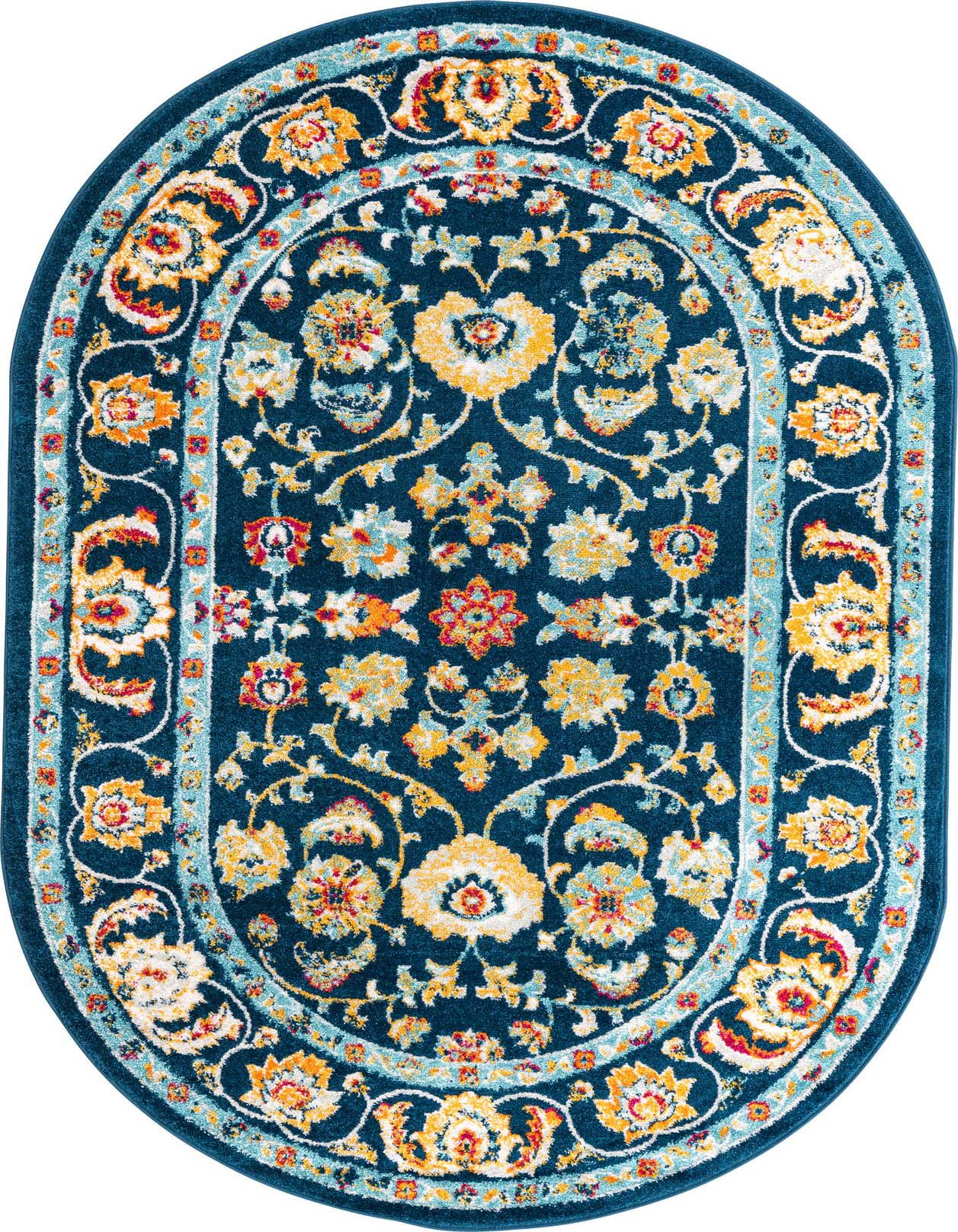 A 5' 0 x 8' 0 oval navy blue rug with a traditional botanical floral pattern in yellow, orange, and light blue.