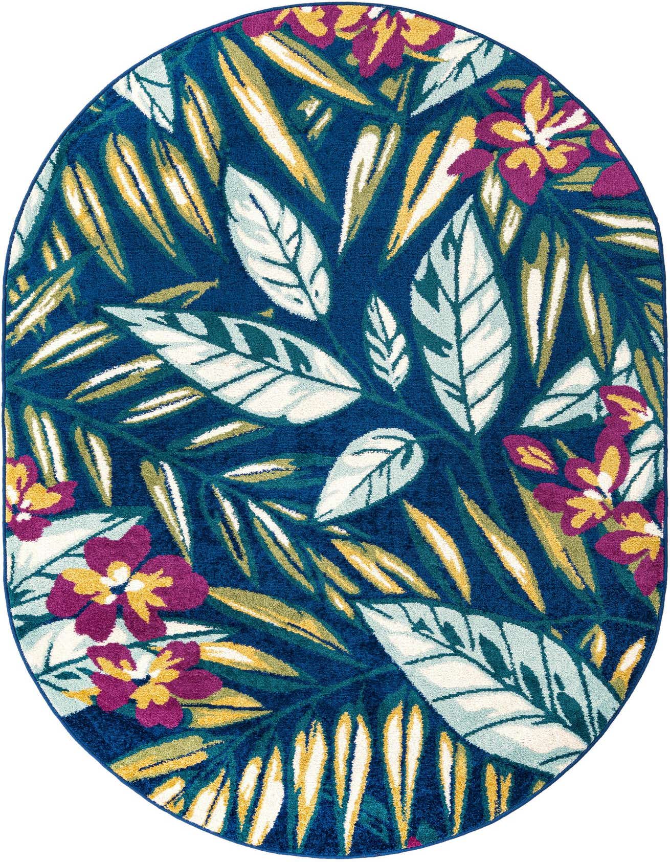 An oval 5' 3 x 7' 10 rug with a vibrant modern floral pattern on a navy blue background, featuring large white, teal, and yellow leaves, and fuchsia and yellow flowers.