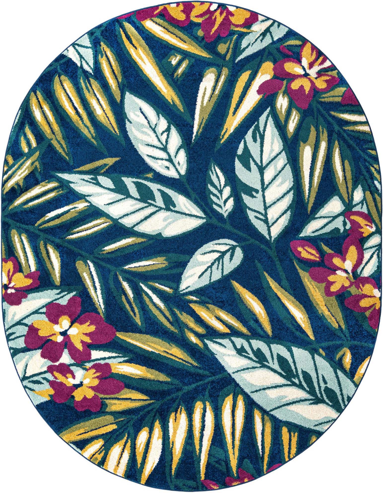A vibrant oval rug with a modern floral pattern on a deep blue background, featuring large white, light blue, and yellow leaves, accented with purple and yellow flowers.
