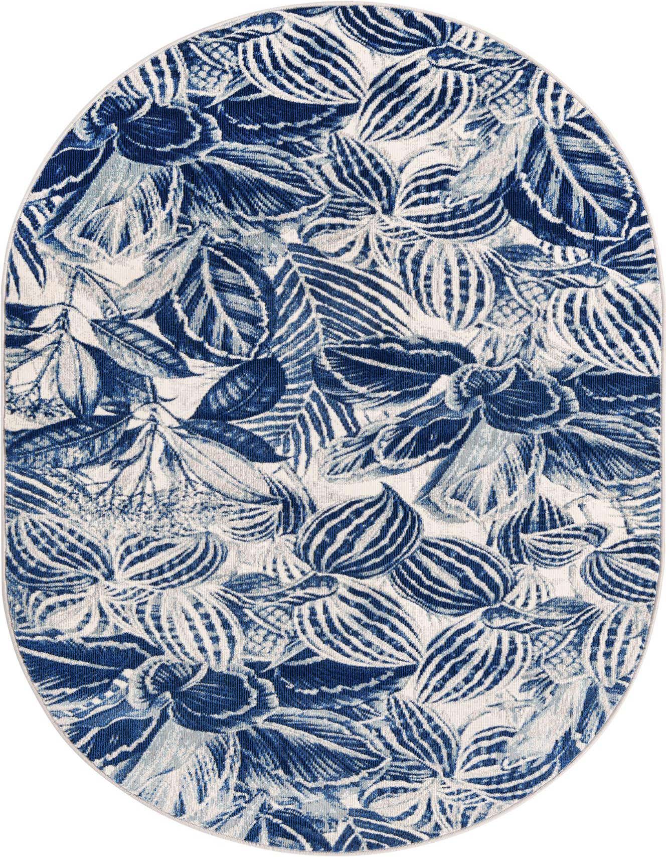 An oval 4'x6' indoor rug featuring a dense modern botanical pattern in various shades of navy blue and light blue on a white background.