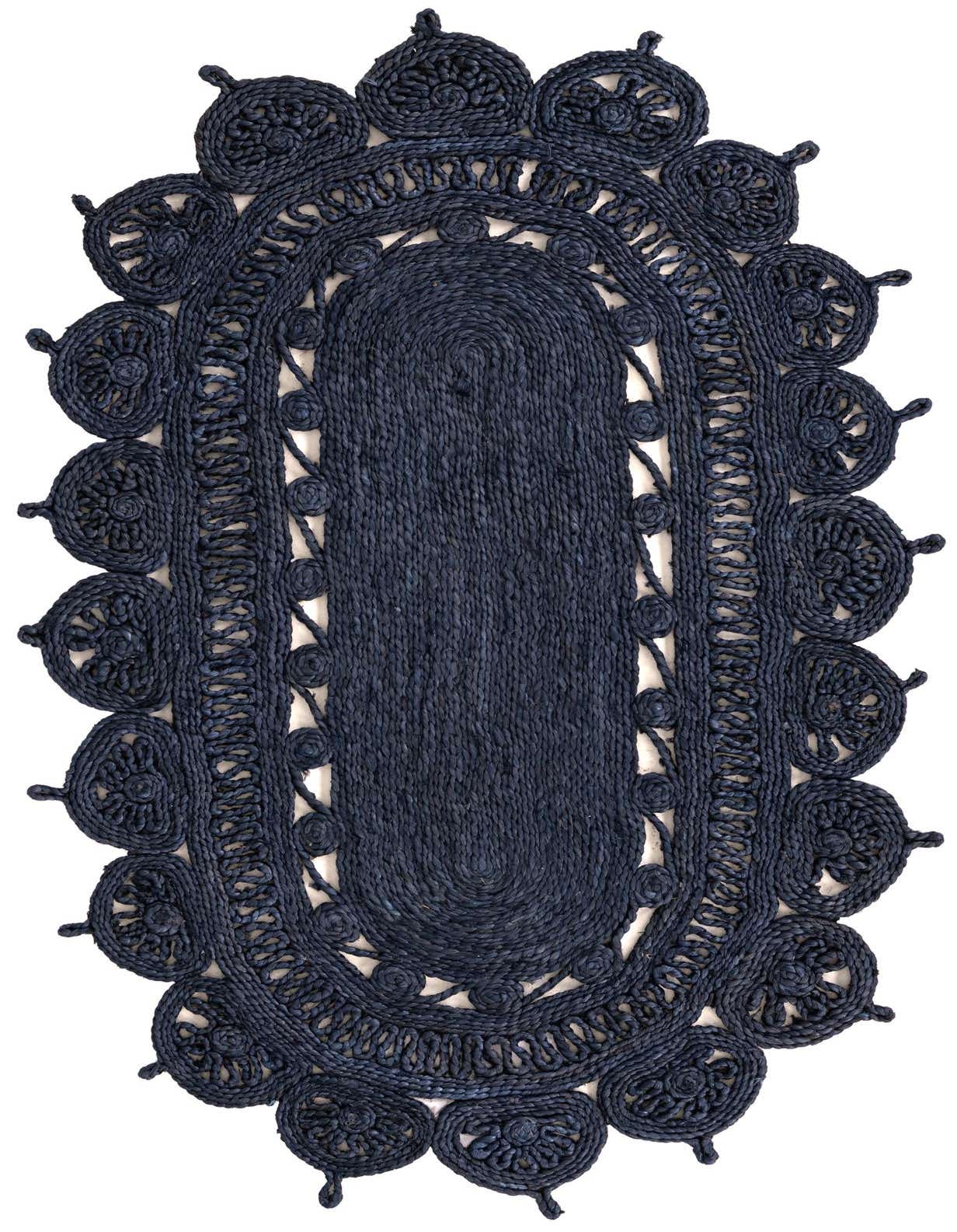 A 3'1" x 5'1" oval navy blue jute rug with a textured, braided center and decorative scalloped border.