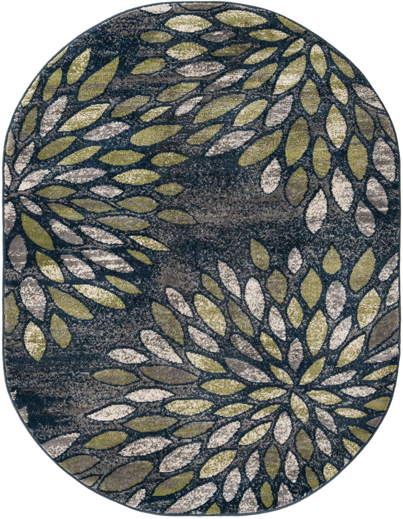 An oval 5' 0 x 8' 0 Charleston rug with a navy blue background and a pattern of olive green, grey, and cream leaf-like shapes.