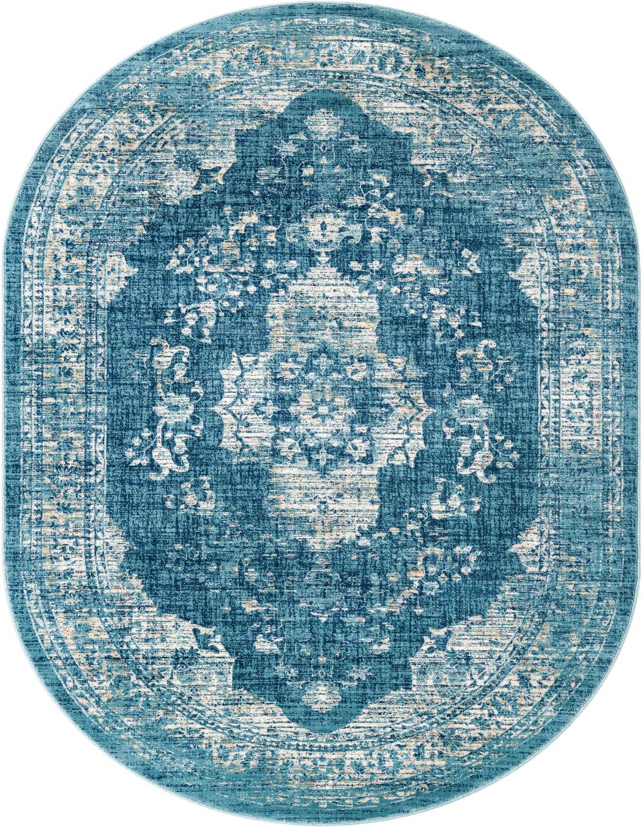 An oval 6' x 9' Dahlia rug from Rugs.com, featuring a distressed traditional medallion pattern in varying shades of blue and cream.