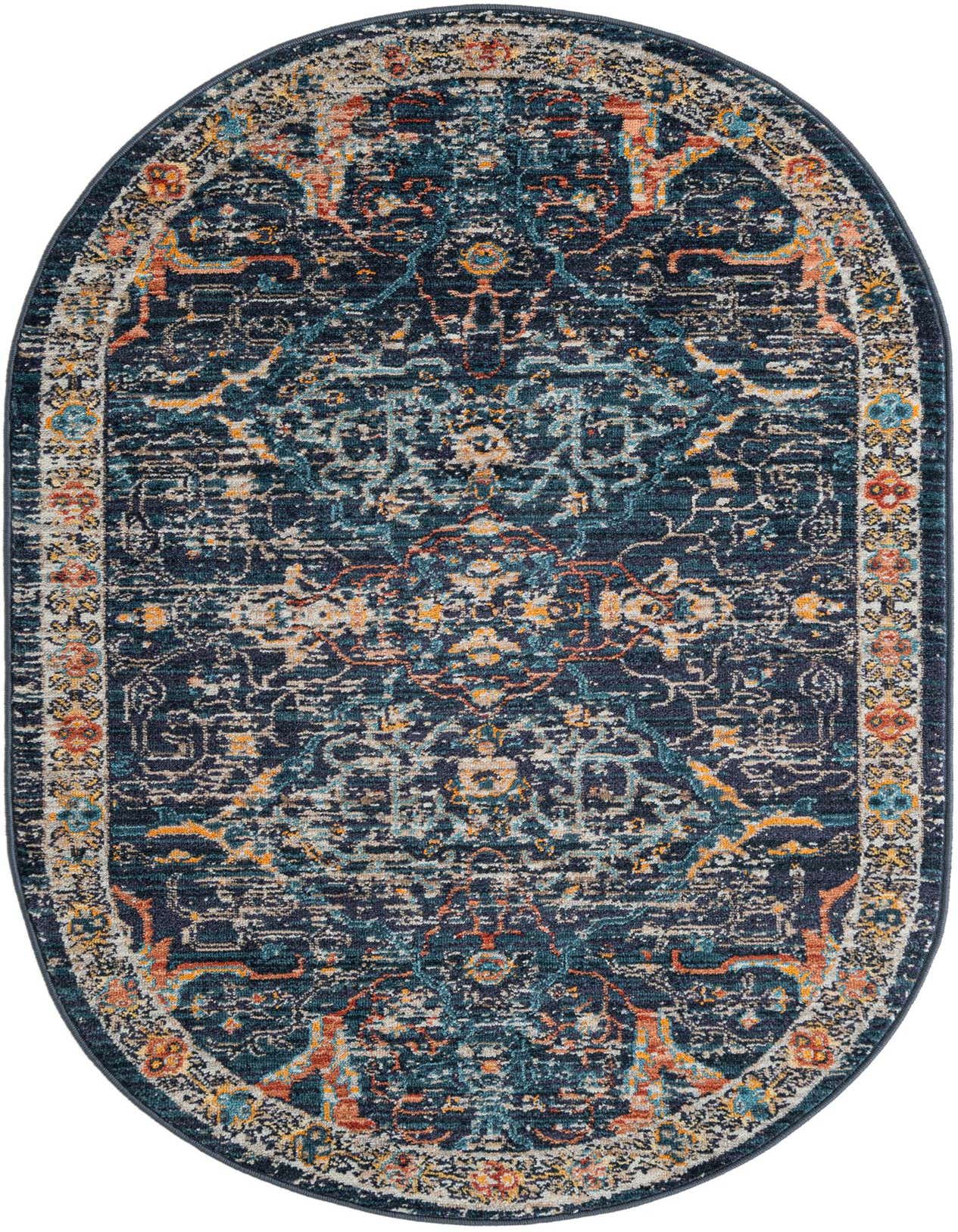 An oval 3' 3 x 5' 3 Lola rug by Rugs.com, featuring a distressed navy blue and teal medallion pattern with orange and cream accents.