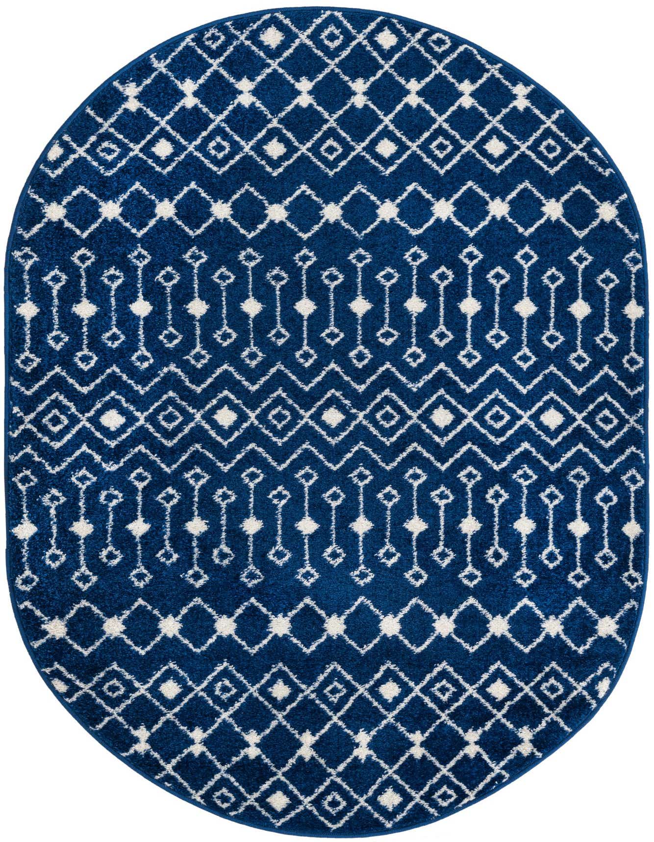 A 4' x 6' oval navy blue rug with a white Moroccan trellis and tribal pattern, suitable for an indoor living space.