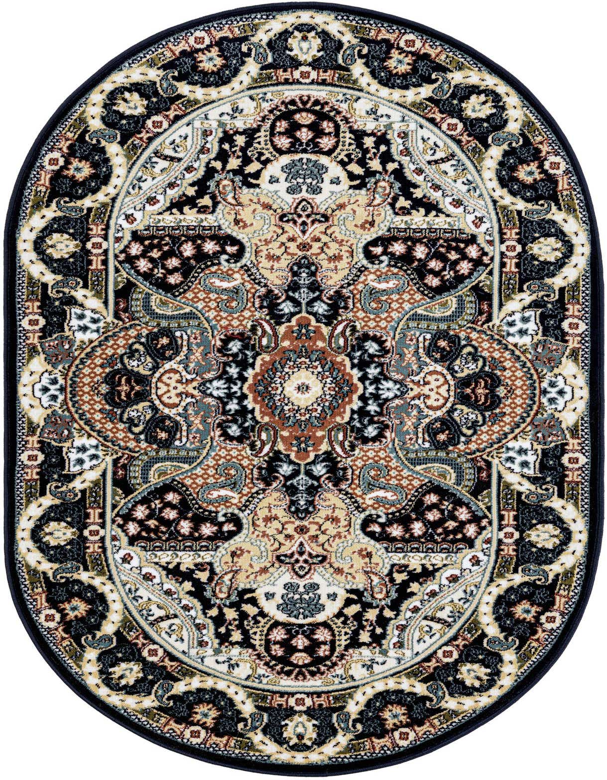 An oval 3' 1 x 5' 3 navy blue Oriental rug with intricate traditional patterns in cream, gold, and light blue.