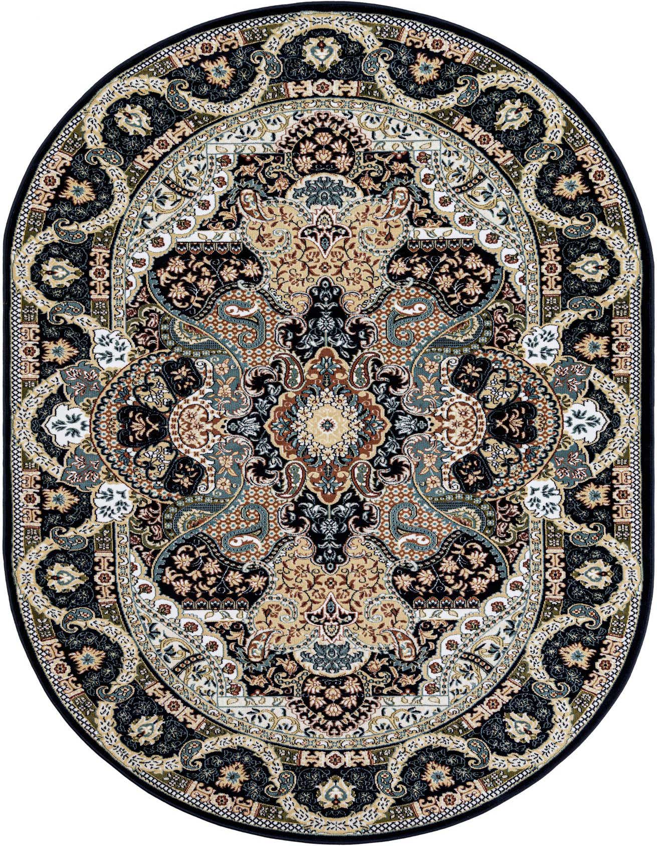 An oval rug featuring an intricate traditional medallion pattern in shades of blue, black, and beige, with a thin pile.