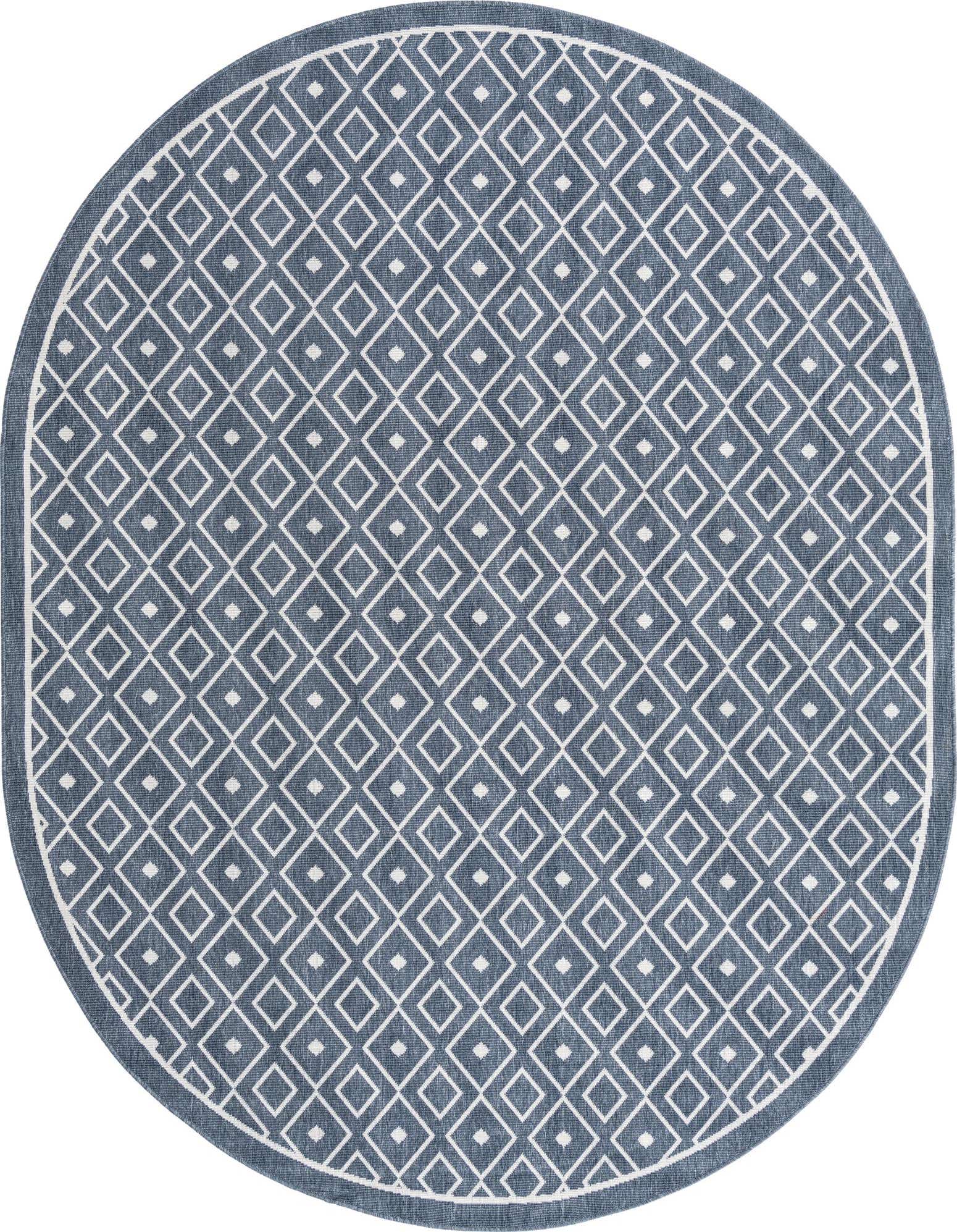 A 7'10 x 10'0 oval navy blue and white Scandinavian geometric rug with a flatweave texture, suitable for indoor/outdoor use.