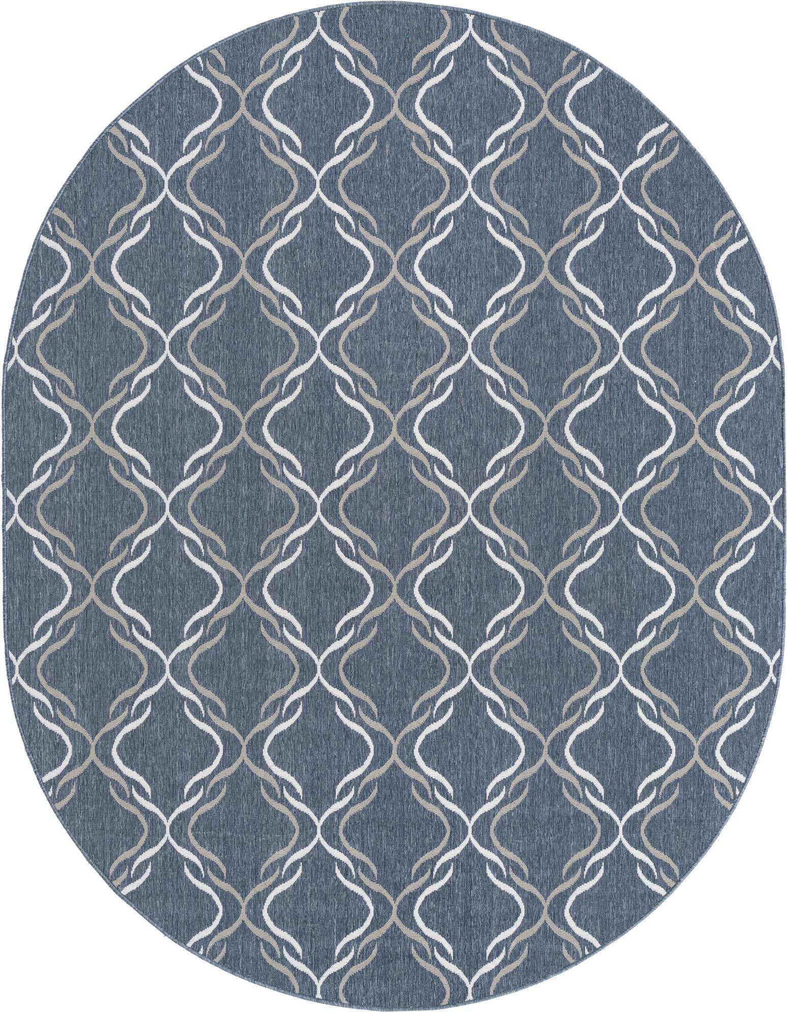 An oval 7' 10 x 10' 0 indoor/outdoor rug with a navy blue background and a repeating transitional lattice pattern in white and tan.