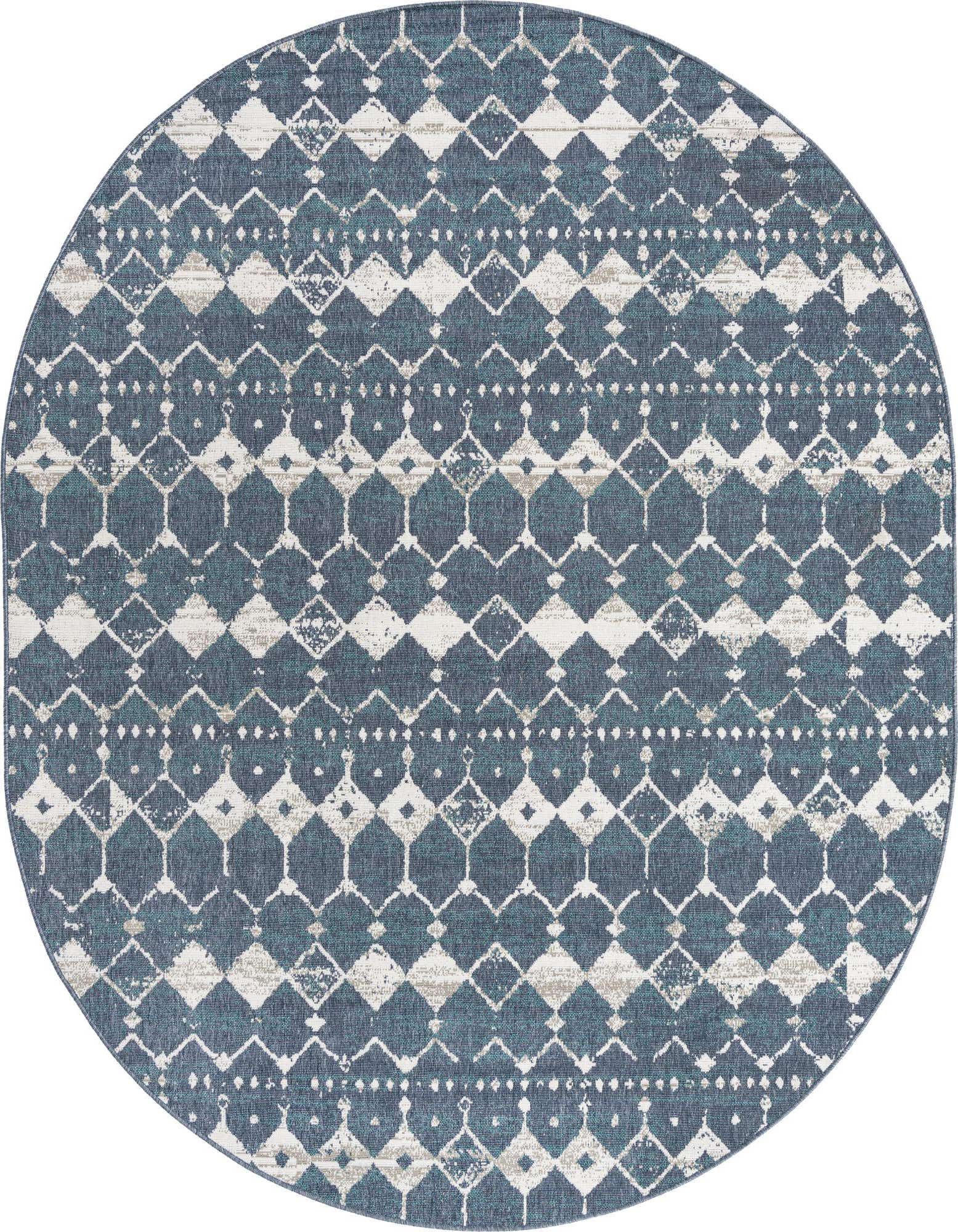 A 7' 10 x 10' 0 oval indoor/outdoor rug featuring a distressed blue and white trellis pattern.