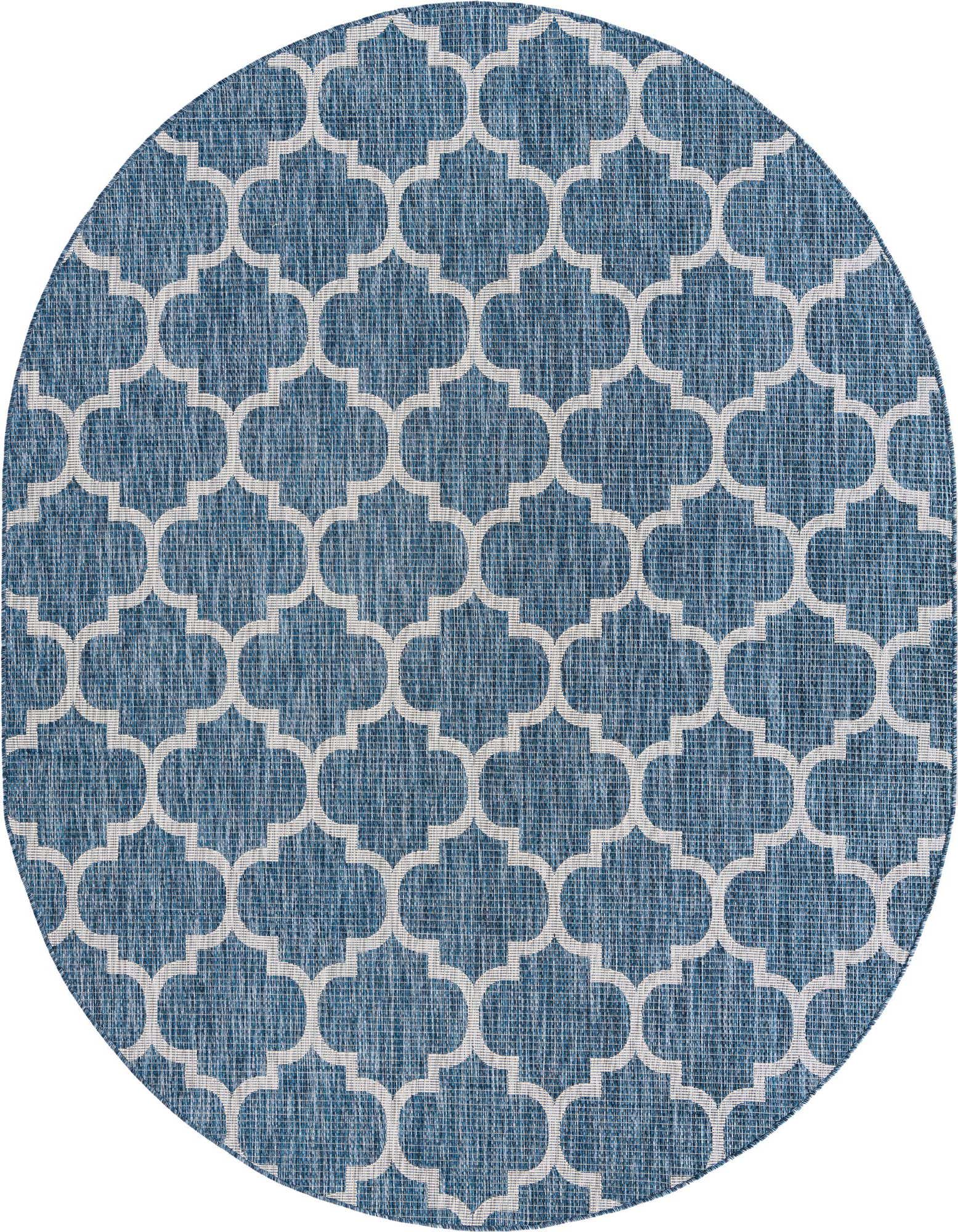 A 7' 10 x 10' 0 oval navy blue flatweave rug with a white trellis pattern, suitable for indoor or outdoor use.