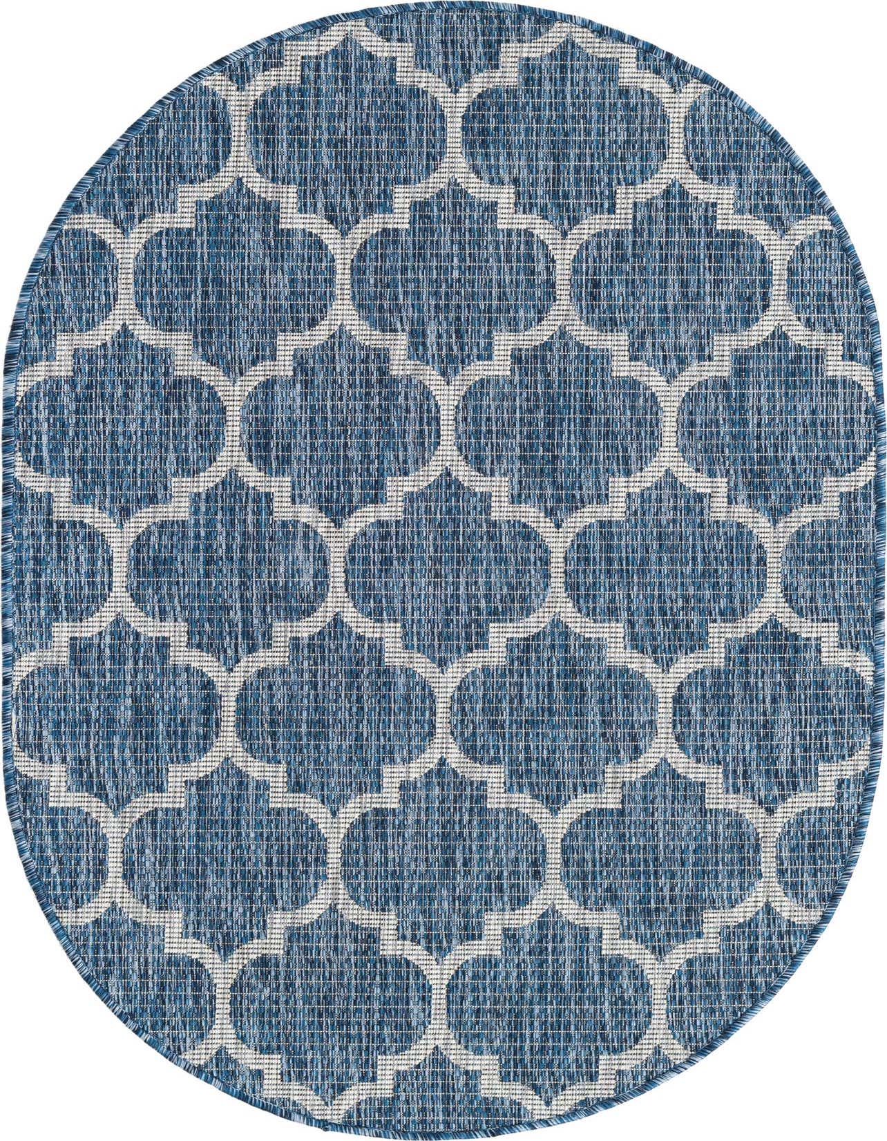 A 3' 0 x 5' 3 oval indoor/outdoor rug featuring a navy blue background with a white modern trellis pattern.