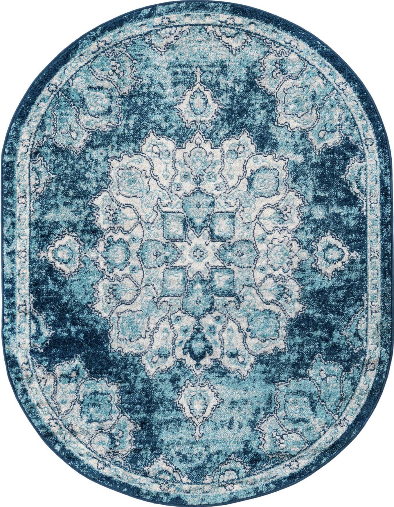 An oval 4' x 6' Rugs.com Parker rug featuring a distressed traditional medallion pattern in shades of navy and light blue.