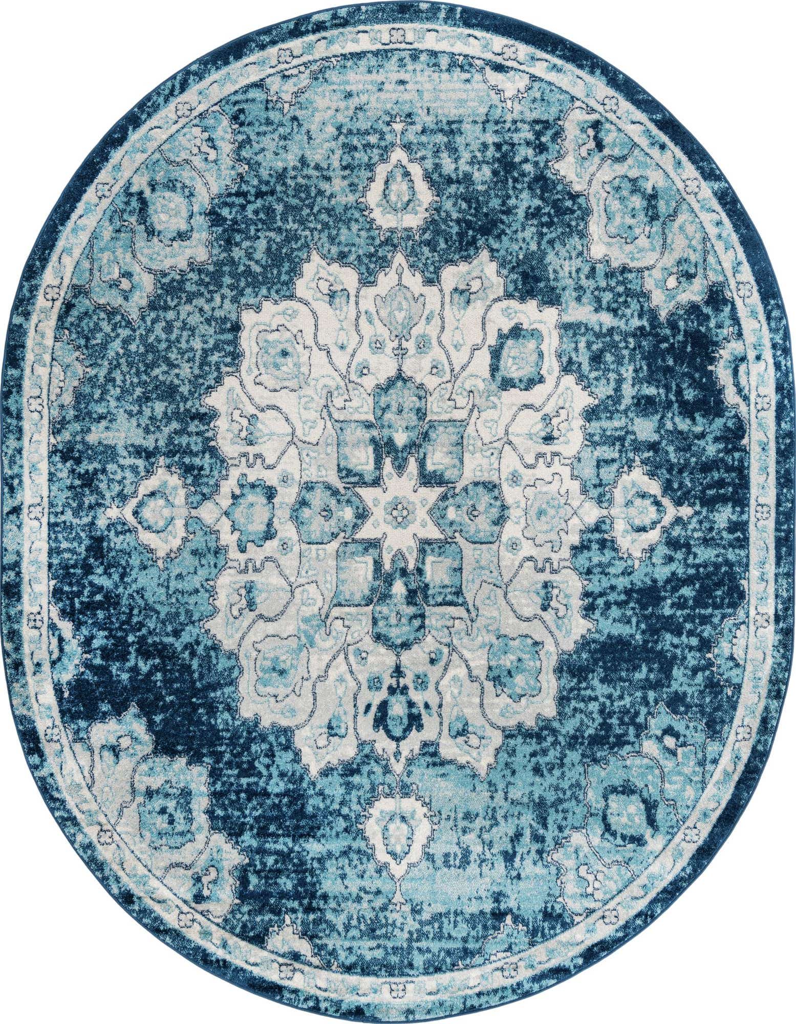 An oval 7'10" x 10'0" Parker Collection rug in varying shades of blue with a distressed traditional medallion and botanical pattern.