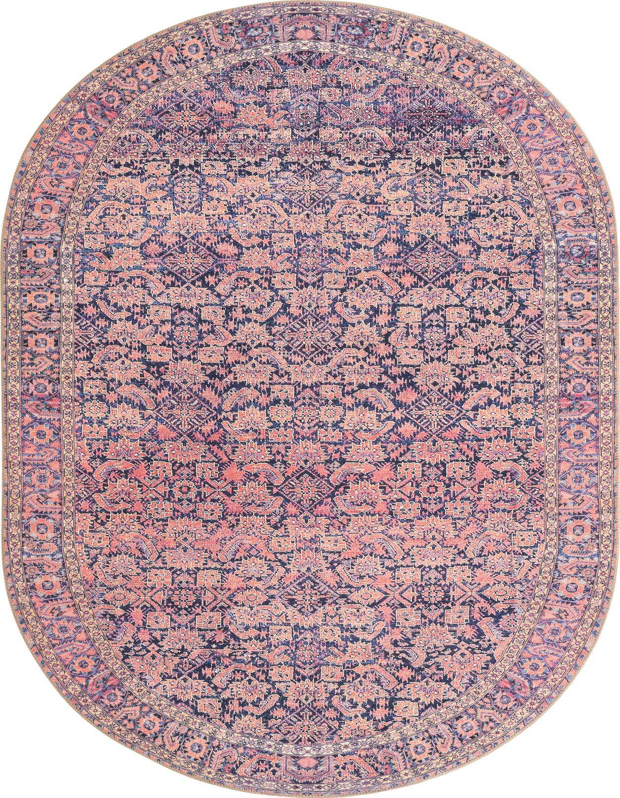 An oval 5' 0 x 8' 0 Rugs.com Timeless rug featuring a distressed botanical pattern in shades of navy blue and coral.