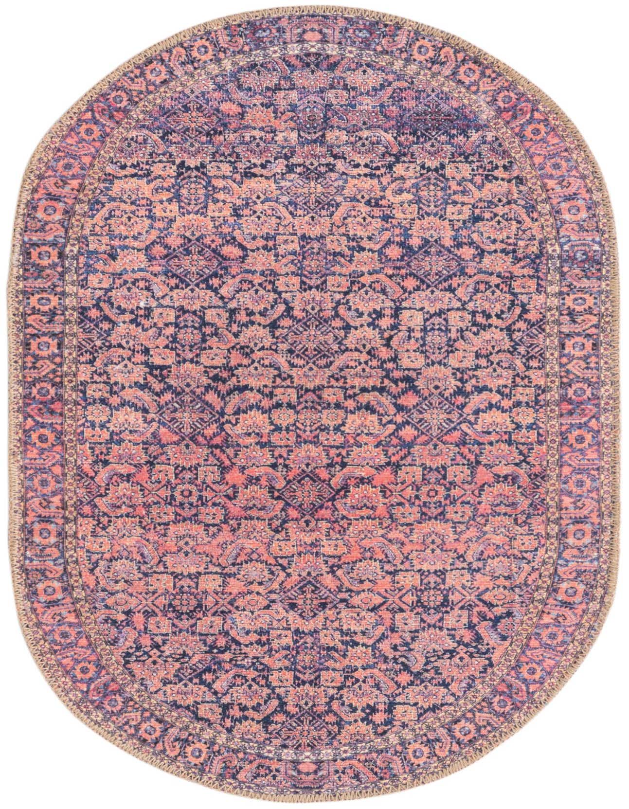 An oval 2'x3' flatweave rug with a distressed navy blue and coral pink transitional floral pattern, featuring a subtle border.