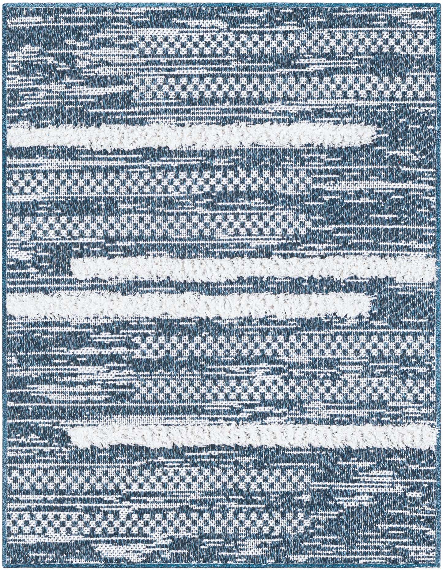 A 2x3 rectangular Abbey rug in shades of blue and white, featuring a contemporary stripe pattern with textured high-low pile.