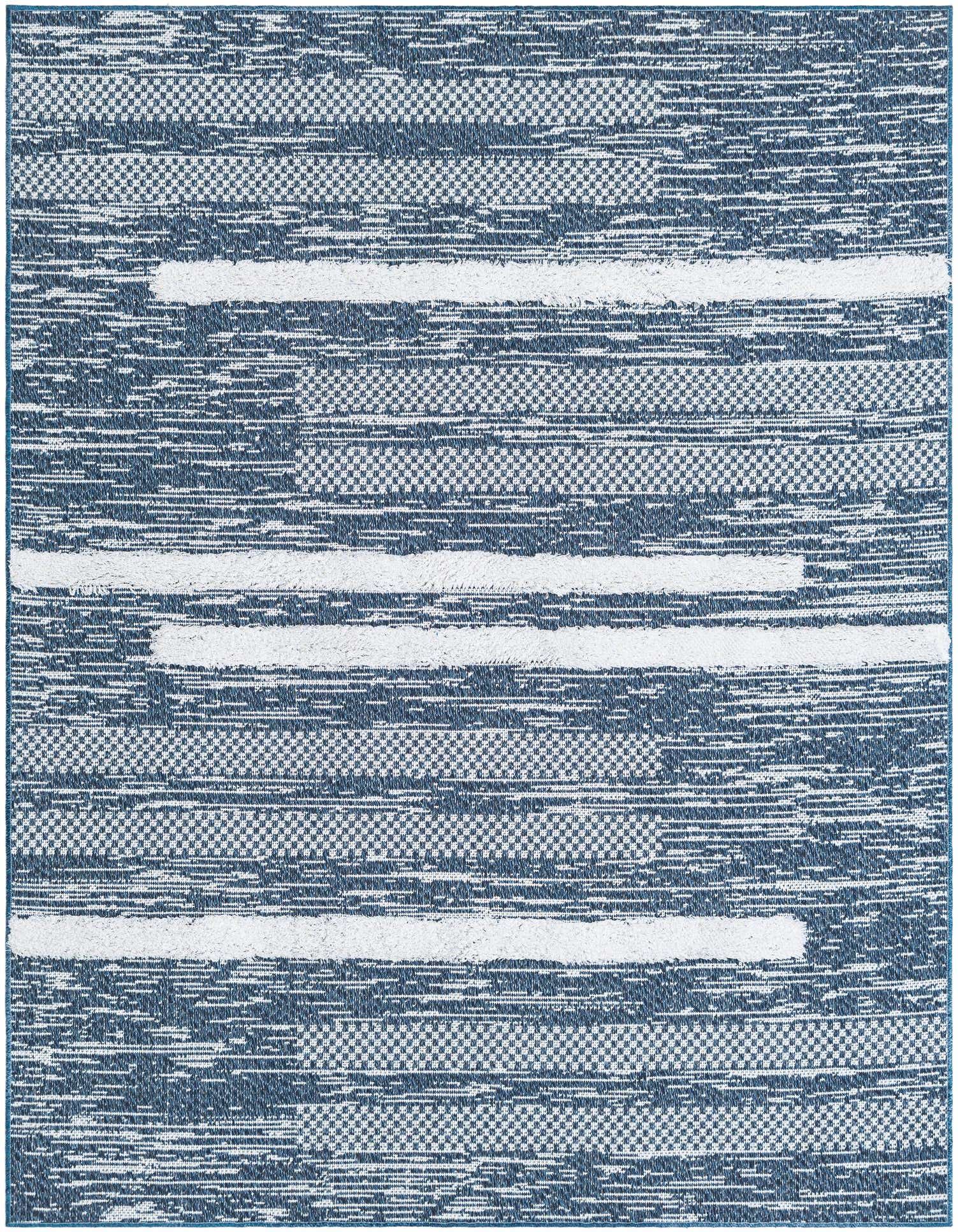 A 4x6 rectangular Abbey rug by Rugs.com featuring a modern blue and white striped pattern with varying textures.