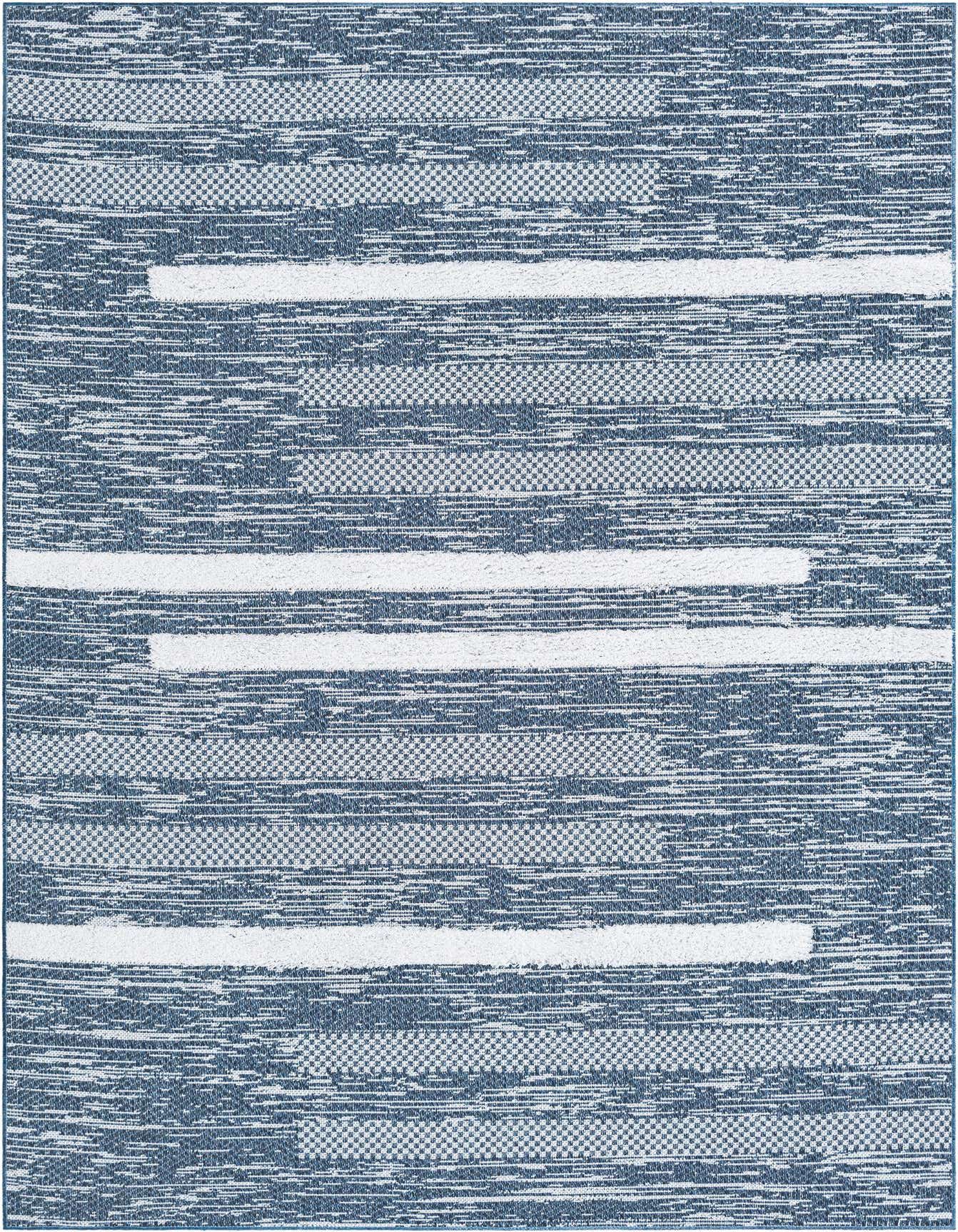 A 5x8 rectangular Abbey collection rug featuring a modern stripe pattern in varying shades of blue and white.