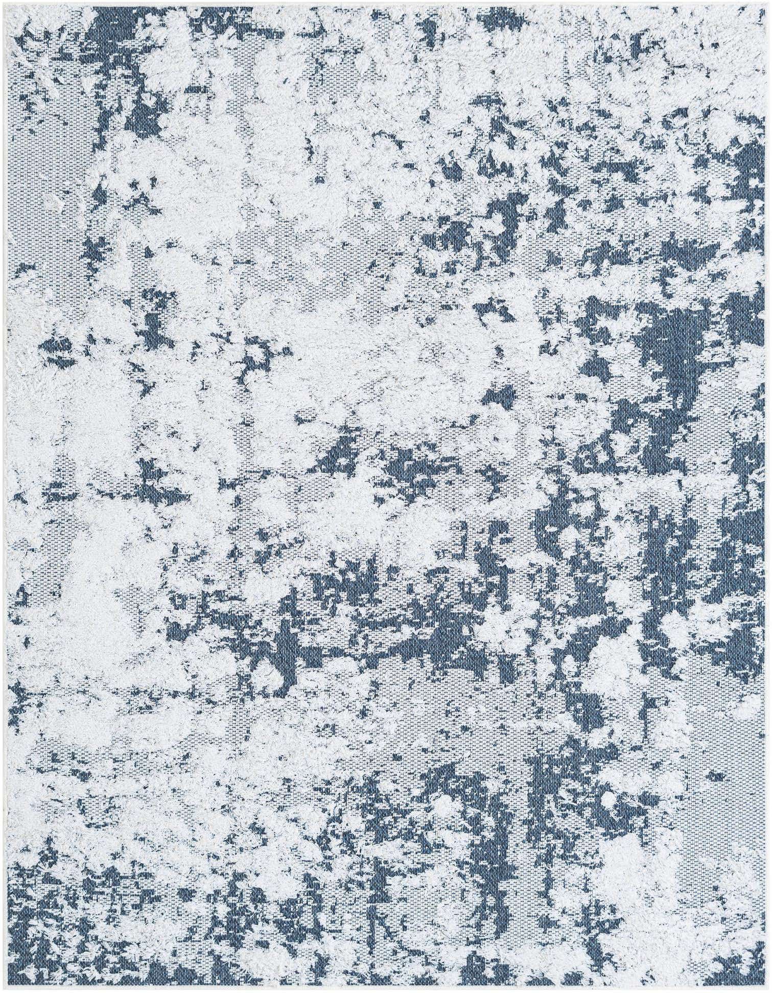 A 4x6 rectangular Abbey rug in shades of blue and white, featuring a contemporary abstract pattern with a textured pile.