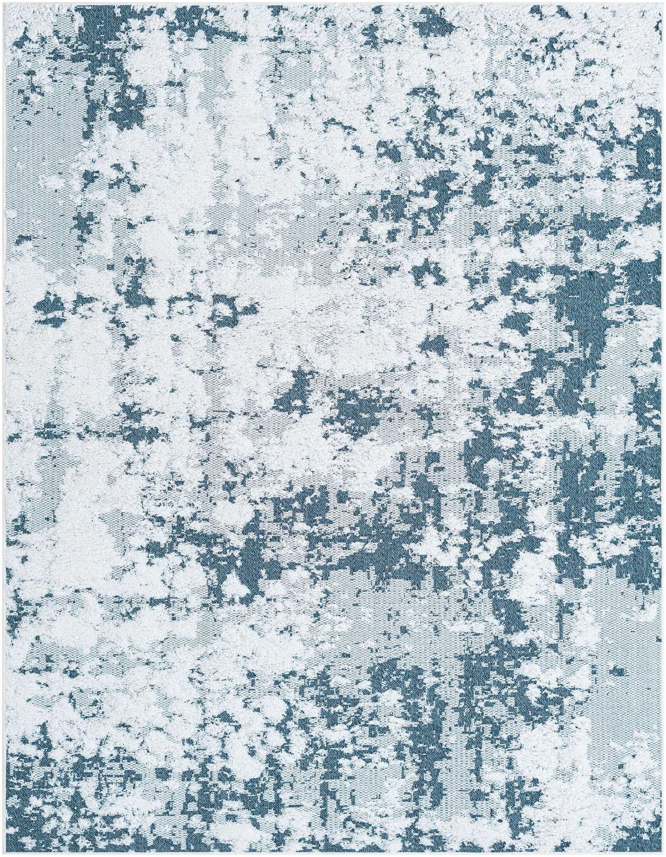 A 5x8 rectangular Abbey collection rug with an abstract pattern in varying shades of blue and white, featuring a textured pile.