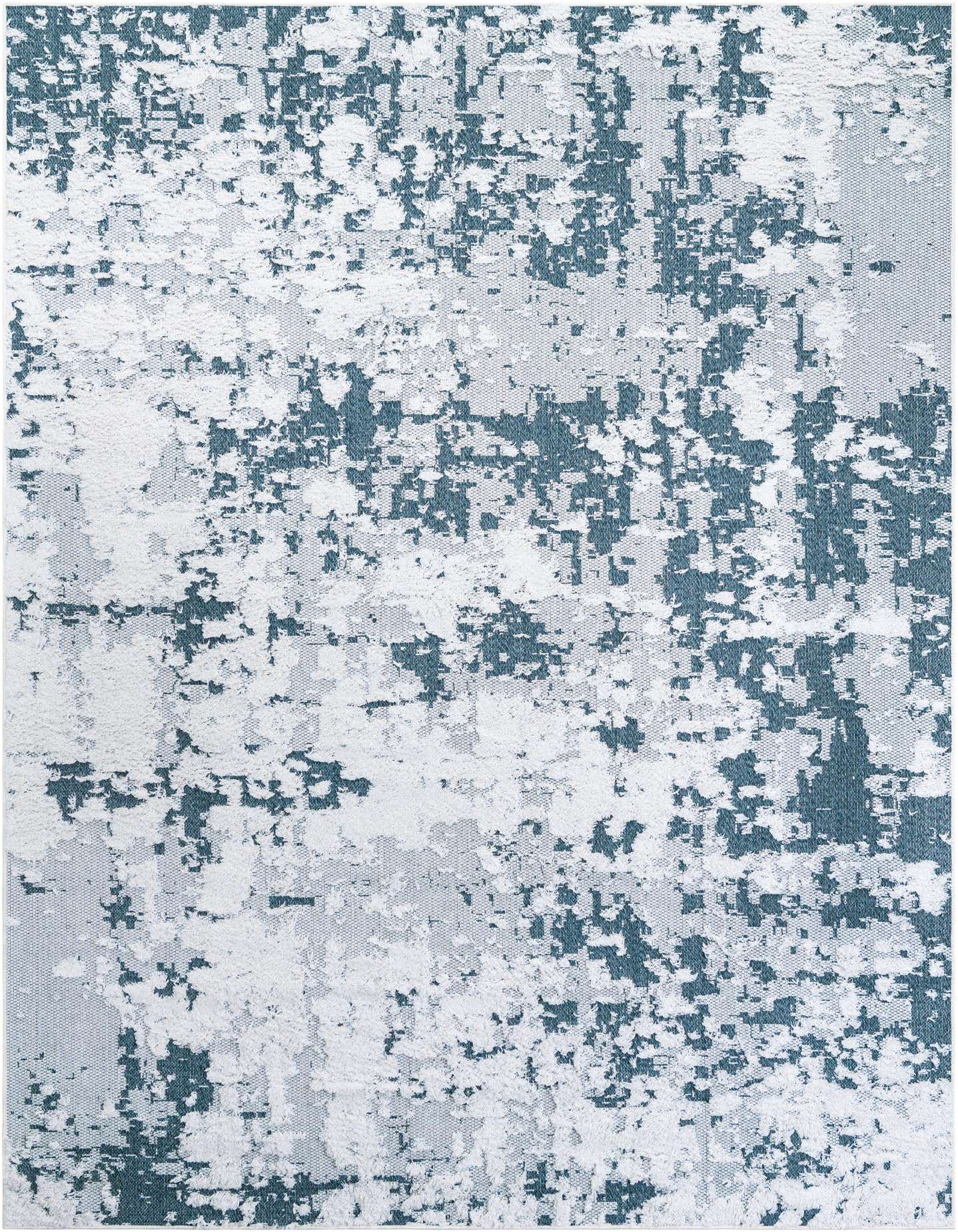 A 6x9 rectangular Abbey rug featuring an abstract pattern in varying shades of blue and white, with a textured pile.