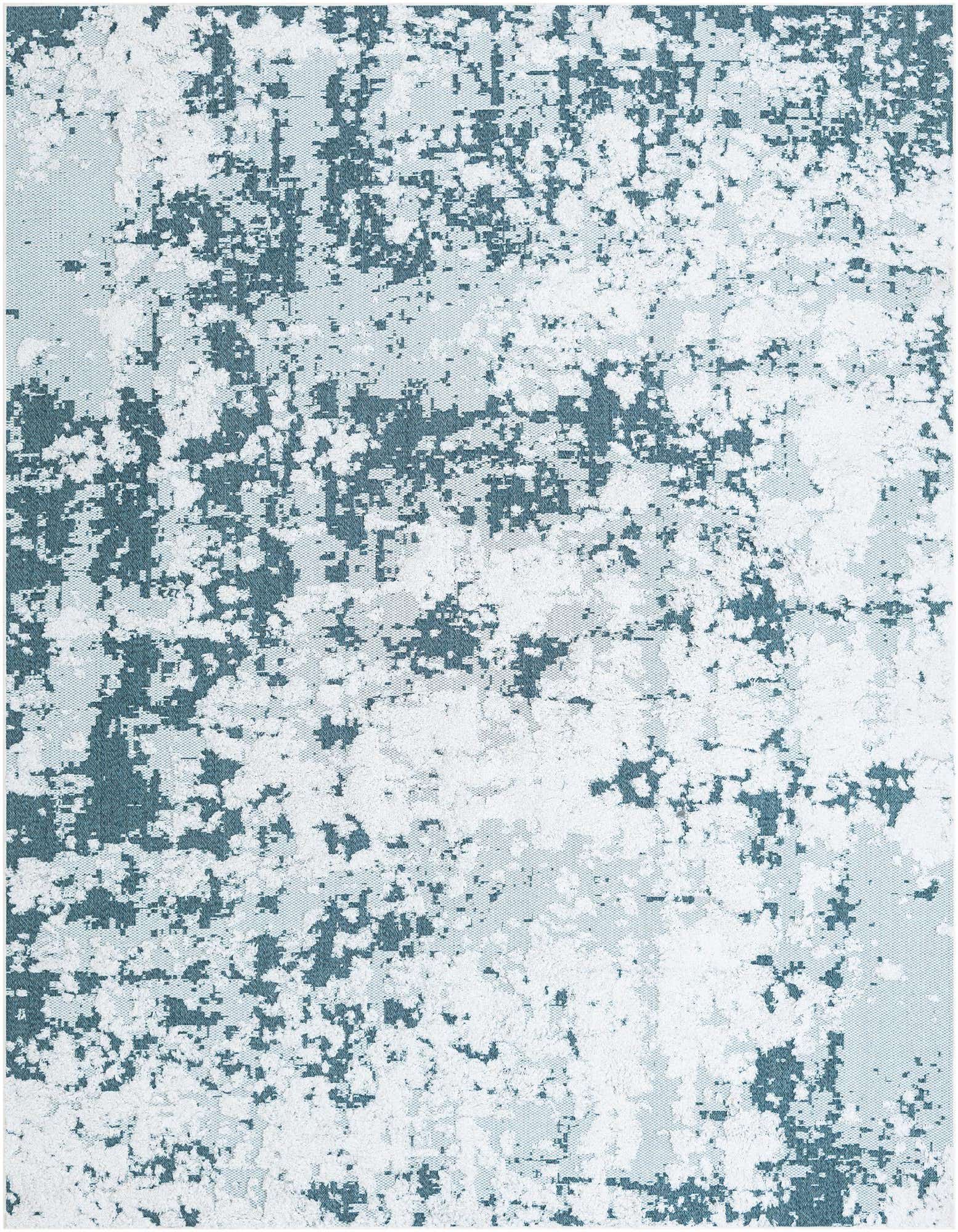A rectangular 8x10 Abbey Collection rug featuring an abstract pattern in various shades of blue and white, suitable for an indoor living space.