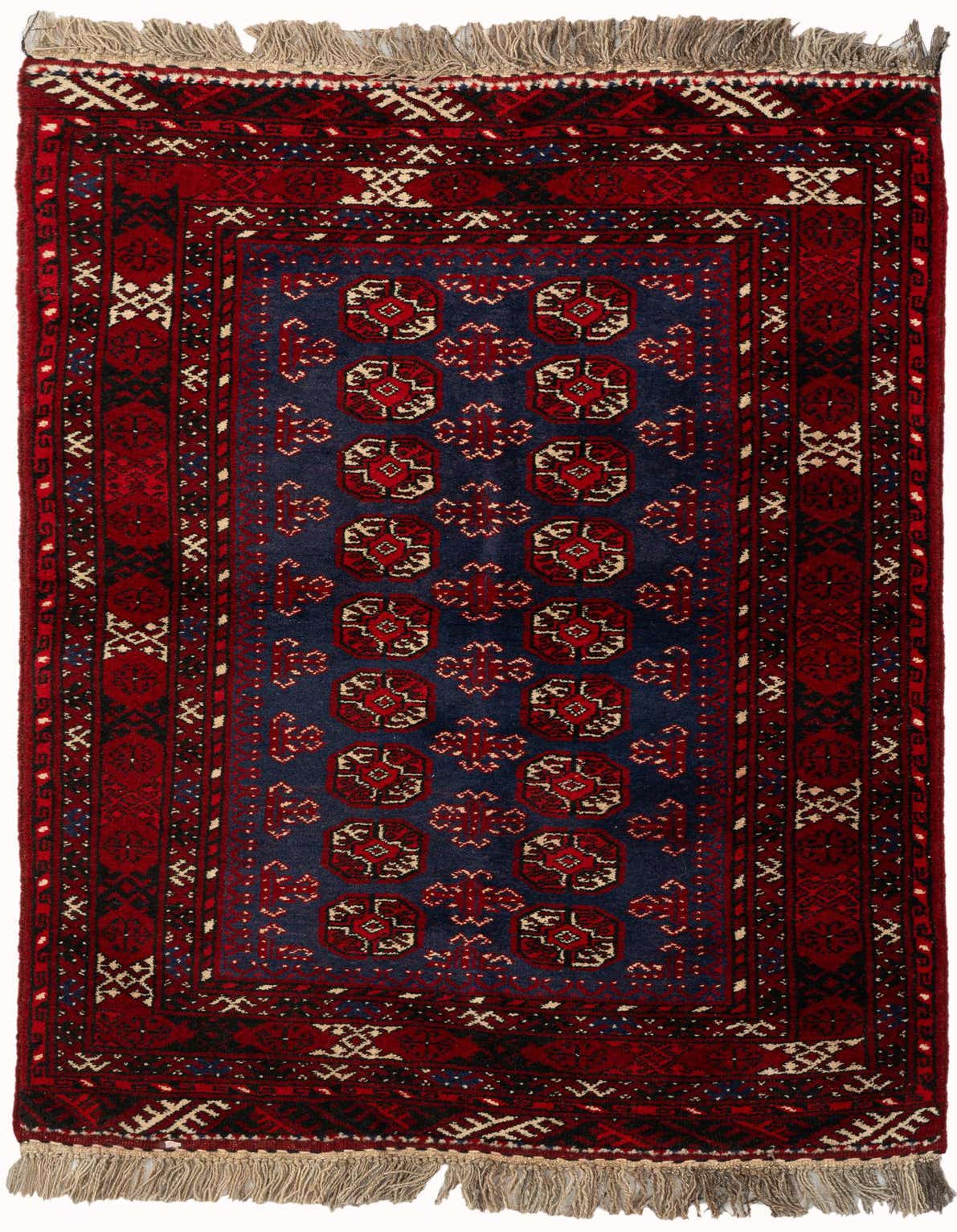 A 3x5 rectangular Afghan Akhche rug featuring a deep navy blue field with red and cream tribal medallions, bordered by a rich red pattern, and finished with natural fringe.