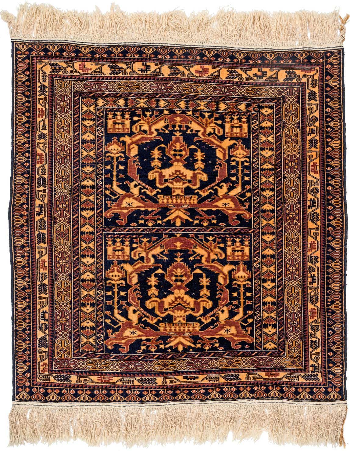 A 3x5 rectangular Afghan Akhche wool rug featuring a traditional tribal medallion pattern in deep blues, gold, and rust tones, with fringed ends.