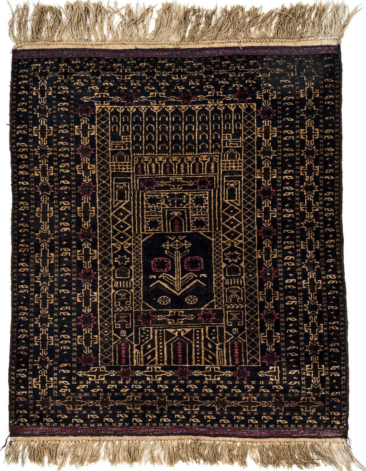 A rectangular 3x5 Afghan Akhche rug with a dark navy blue background and intricate tribal patterns in gold and hints of red, featuring natural fringe.