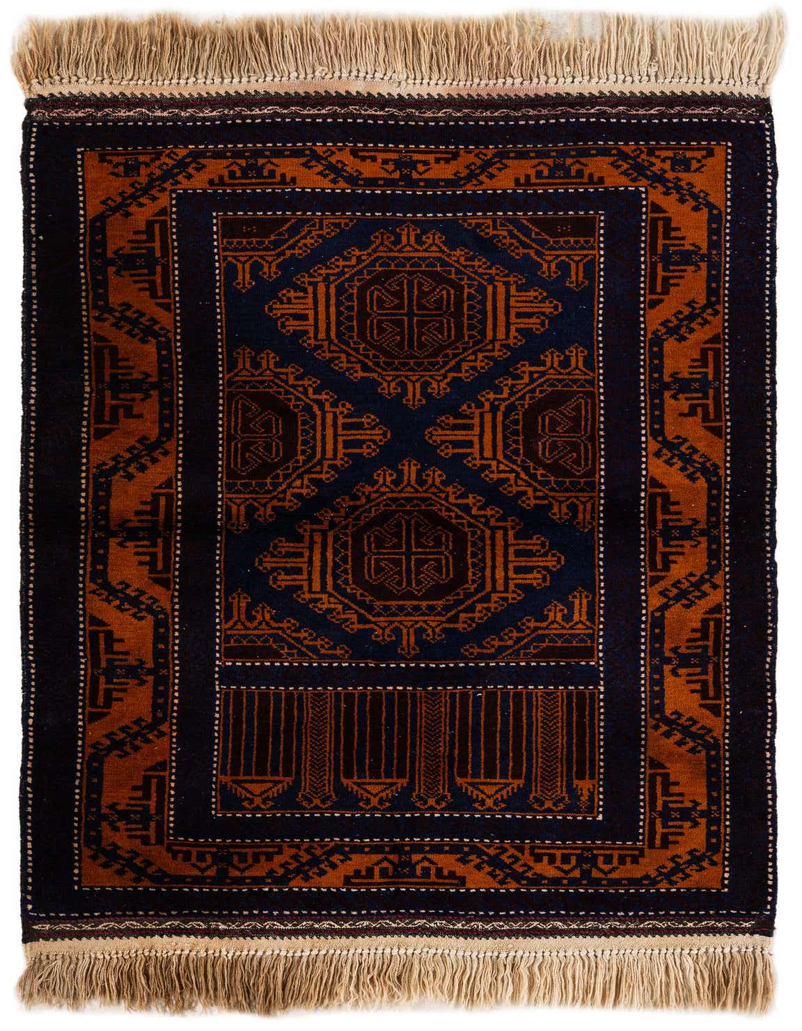 A 3x5 rectangular Afghan Ersari rug featuring a traditional tribal pattern in deep blues and warm browns, with visible fringe.
