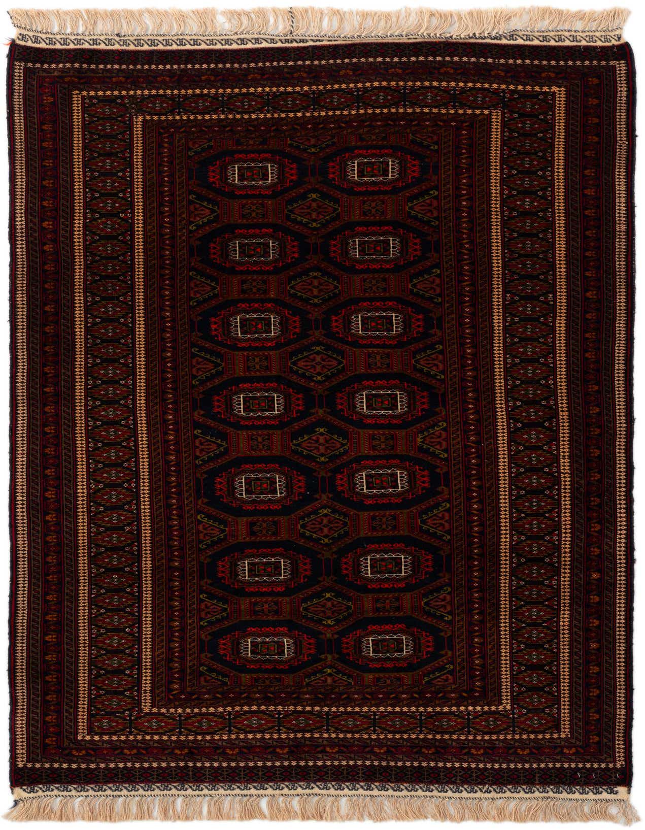A 4x6 rectangular Afghan Mouri rug featuring a tribal geometric pattern in deep blues, reds, and creams with fringe.