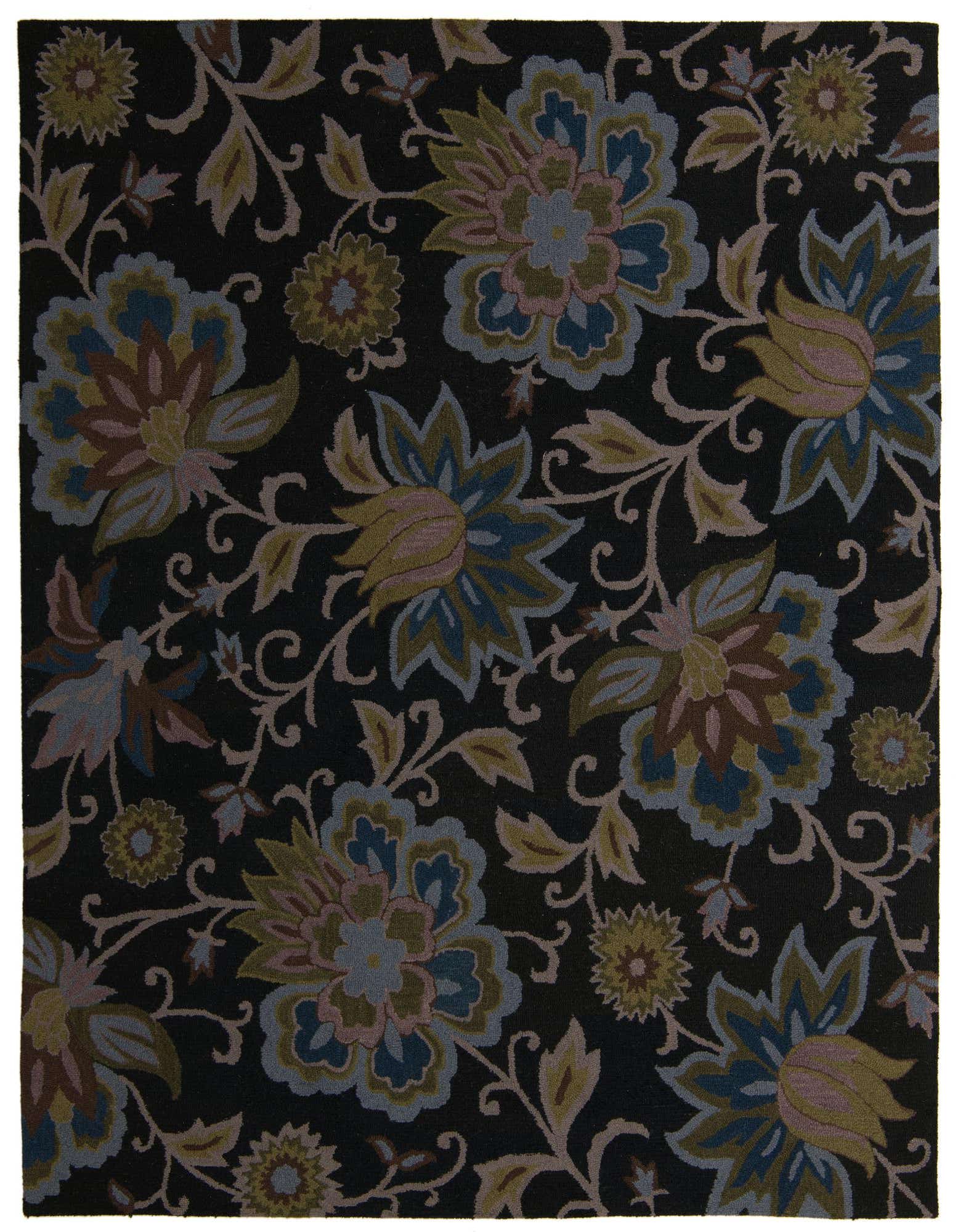 An 8x10 rectangular Agra rug with a traditional floral pattern in blues, pinks, and greens on a dark background.