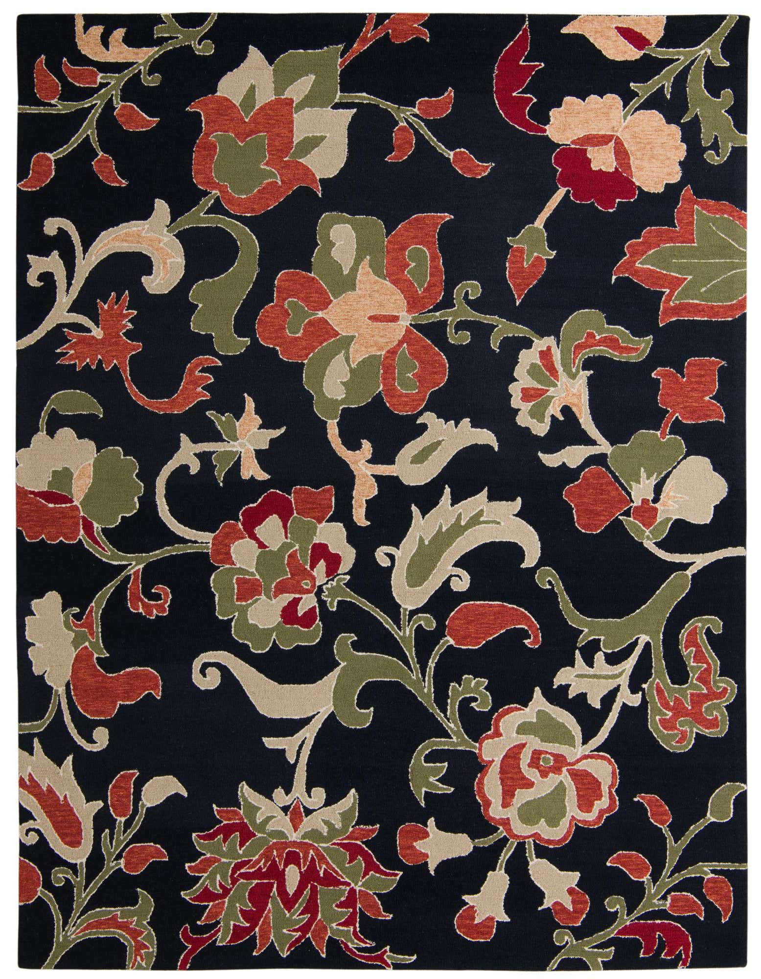 8x10 rectangular Agra rug with a navy blue background and an intricate traditional floral pattern in red, orange, green, and beige.