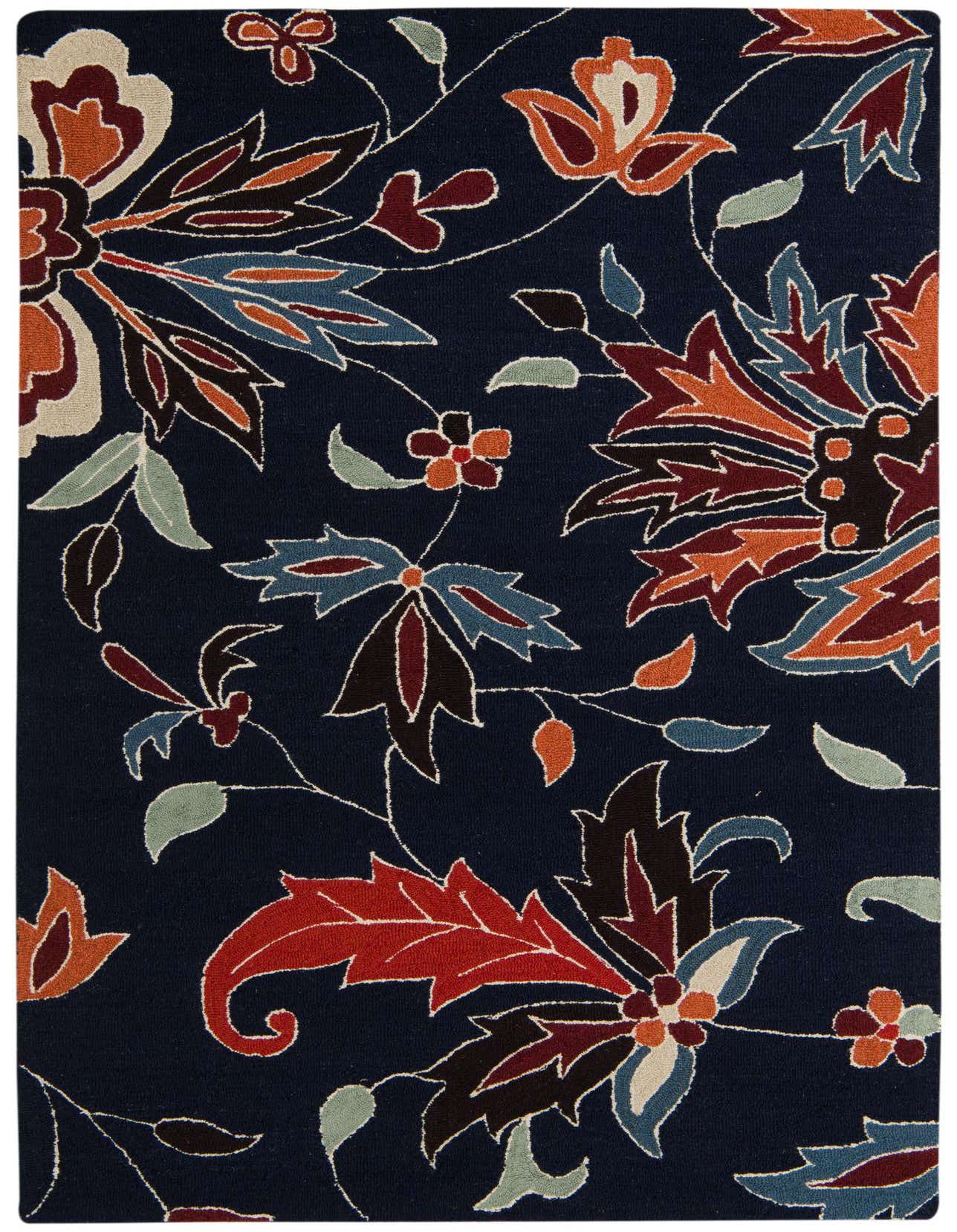 A 5x8 rectangular Agra rug with a navy blue background and a vibrant floral botanical pattern in reds, oranges, blues, and creams.