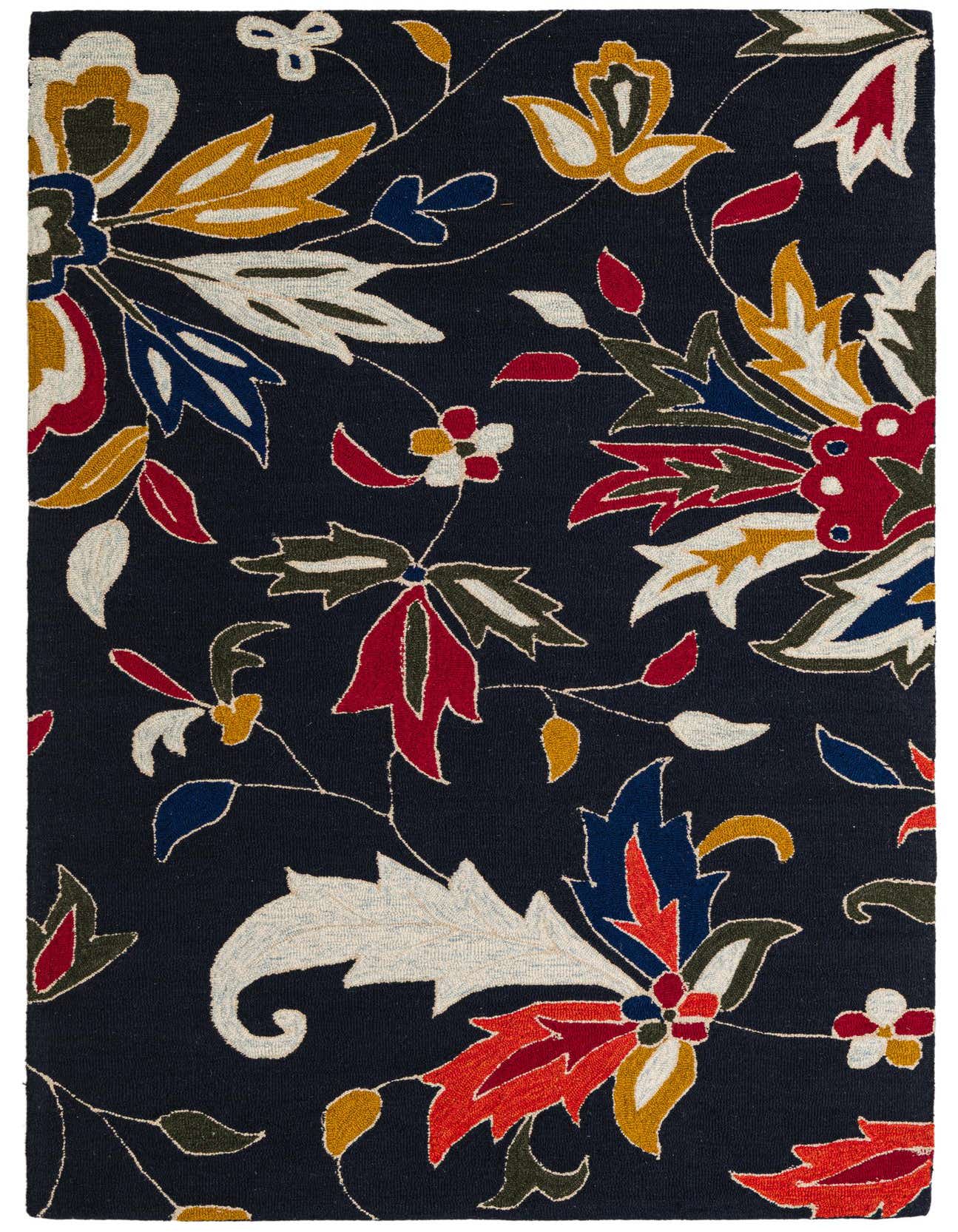 A 5x8 rectangular navy blue wool rug with a vibrant floral and botanical pattern in red, gold, white, and blue.