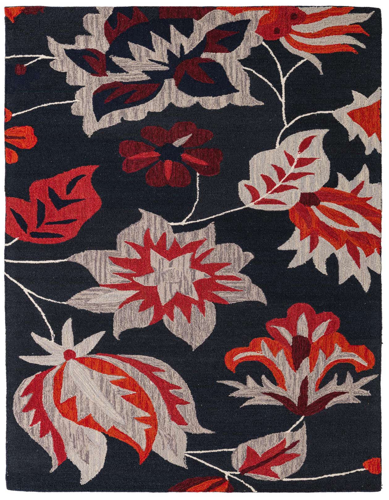 A 5x8 rectangular navy blue wool rug with a vibrant floral and botanical pattern in shades of red, orange, and light gray.