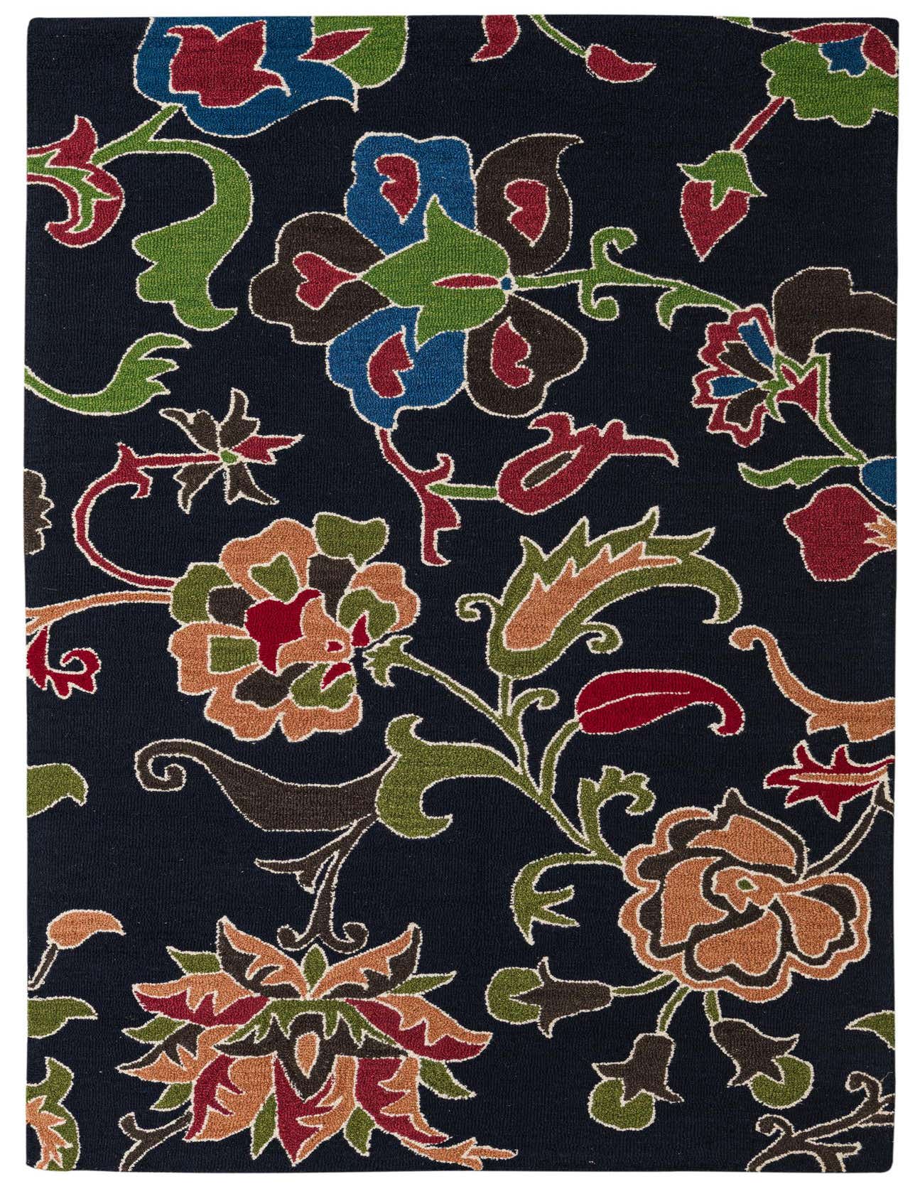 A 5x8 rectangular Agra rug with a navy blue background and a vibrant traditional floral pattern in blues, reds, greens, and browns.
