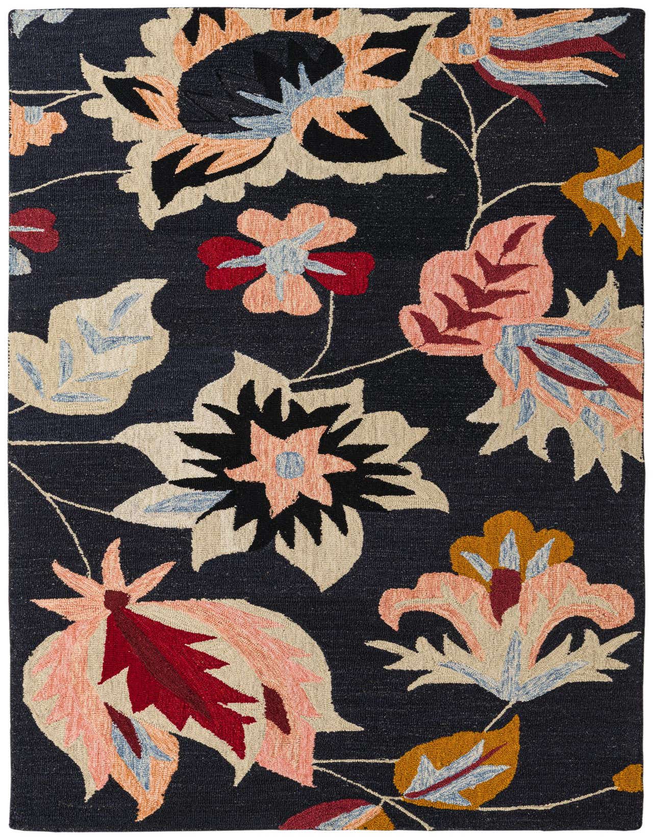 A 5x8 rectangular navy blue wool rug with a traditional floral pattern in shades of red, pink, cream, and light blue.