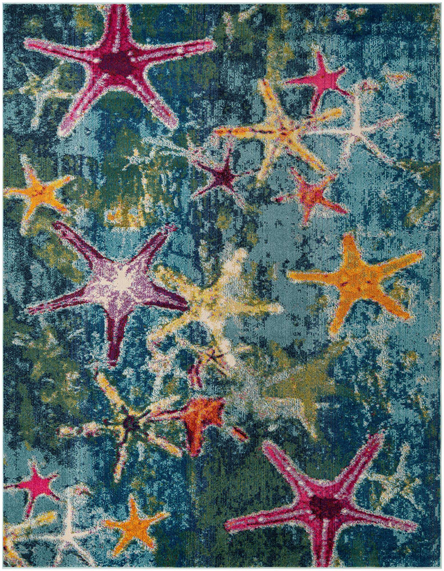 A rectangular 8x10 navy blue rug with a vibrant, distressed coastal pattern of multi-colored starfish.
