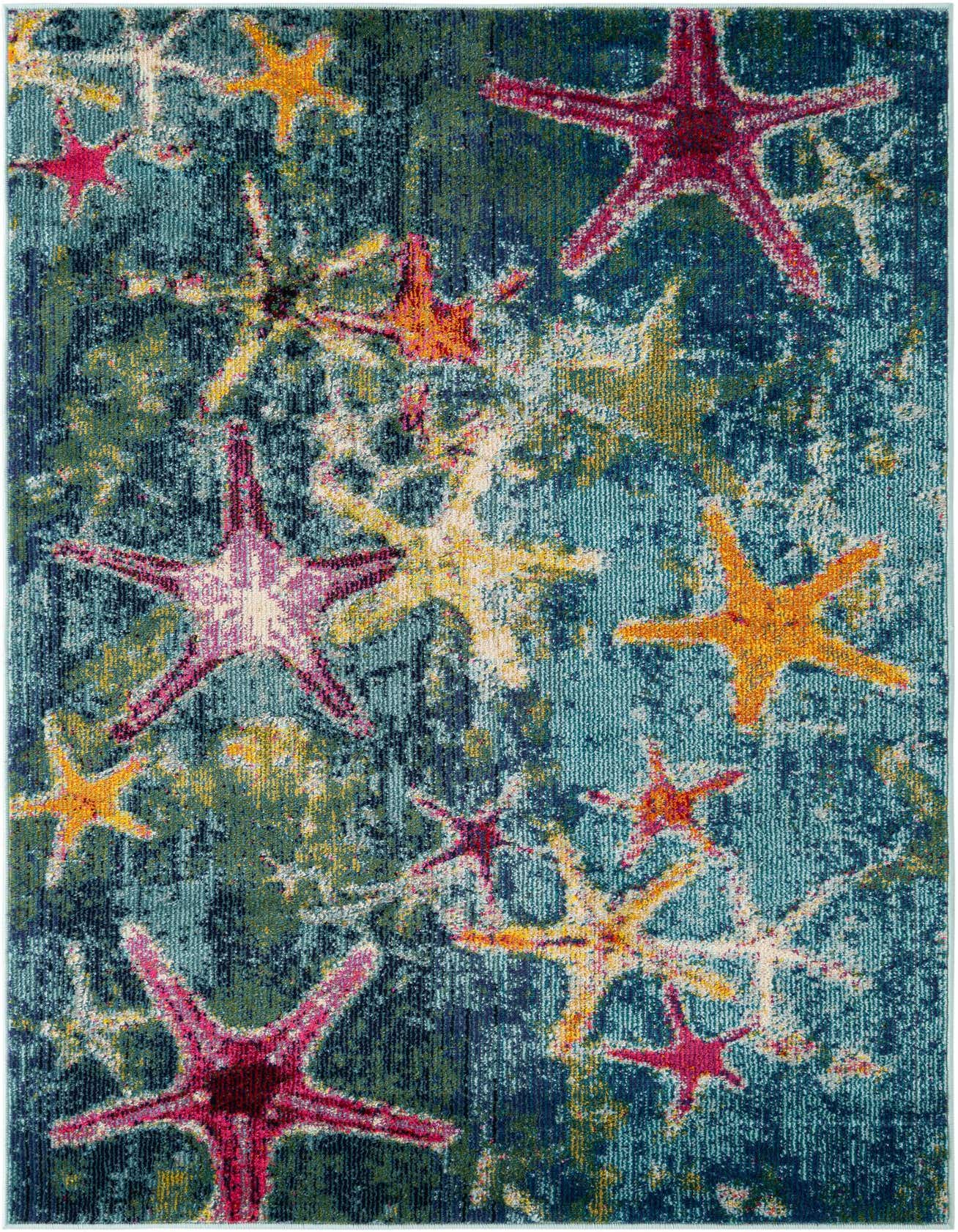 A 4x6 rectangular rug with a vibrant coastal design, featuring colorful starfish in shades of red, orange, yellow, and pink scattered across a textured blue and green background.