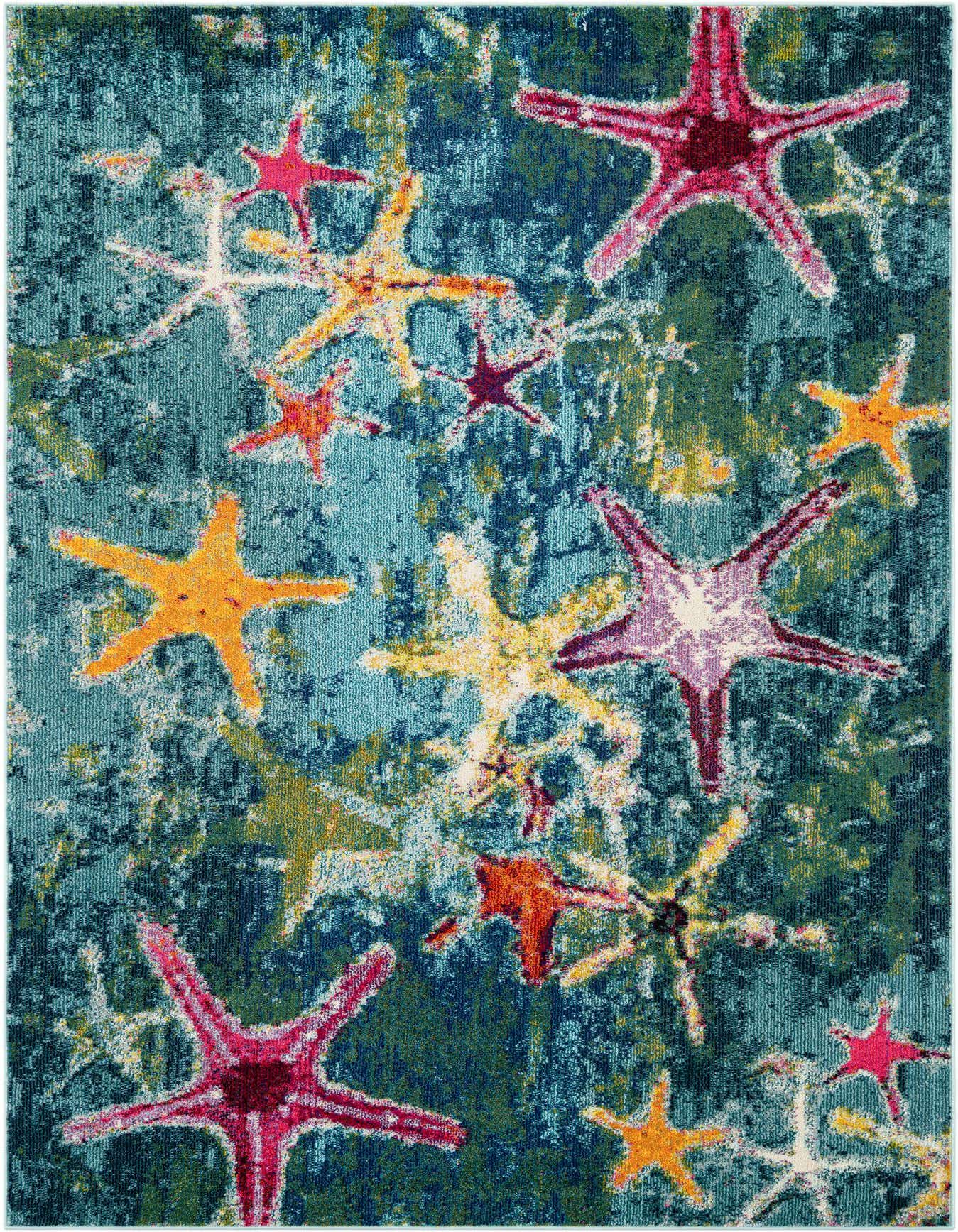 A 6x9 rectangular rug featuring a vibrant blue and green abstract background with scattered, colorful starfish in shades of pink, orange, yellow, and purple.